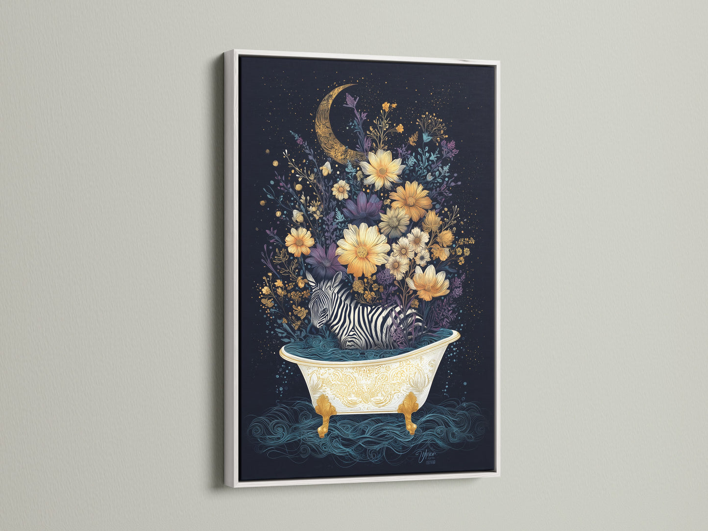 A zebra lounges in a bathtub surrounded by flowers. The floral moon artwork brings a whimsical touch. The artwork is framed in a white frame. This unique home art is great for bathroom wall decor or a quirky addition to any room. Get your own animal art prints today!