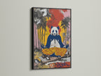 Zen Panda Canvas Print with a black frame. This street art print adds a modern touch to your decor. The panda artwork is ideal for meditation rooms. This urban art print brings mindfulness to your space.