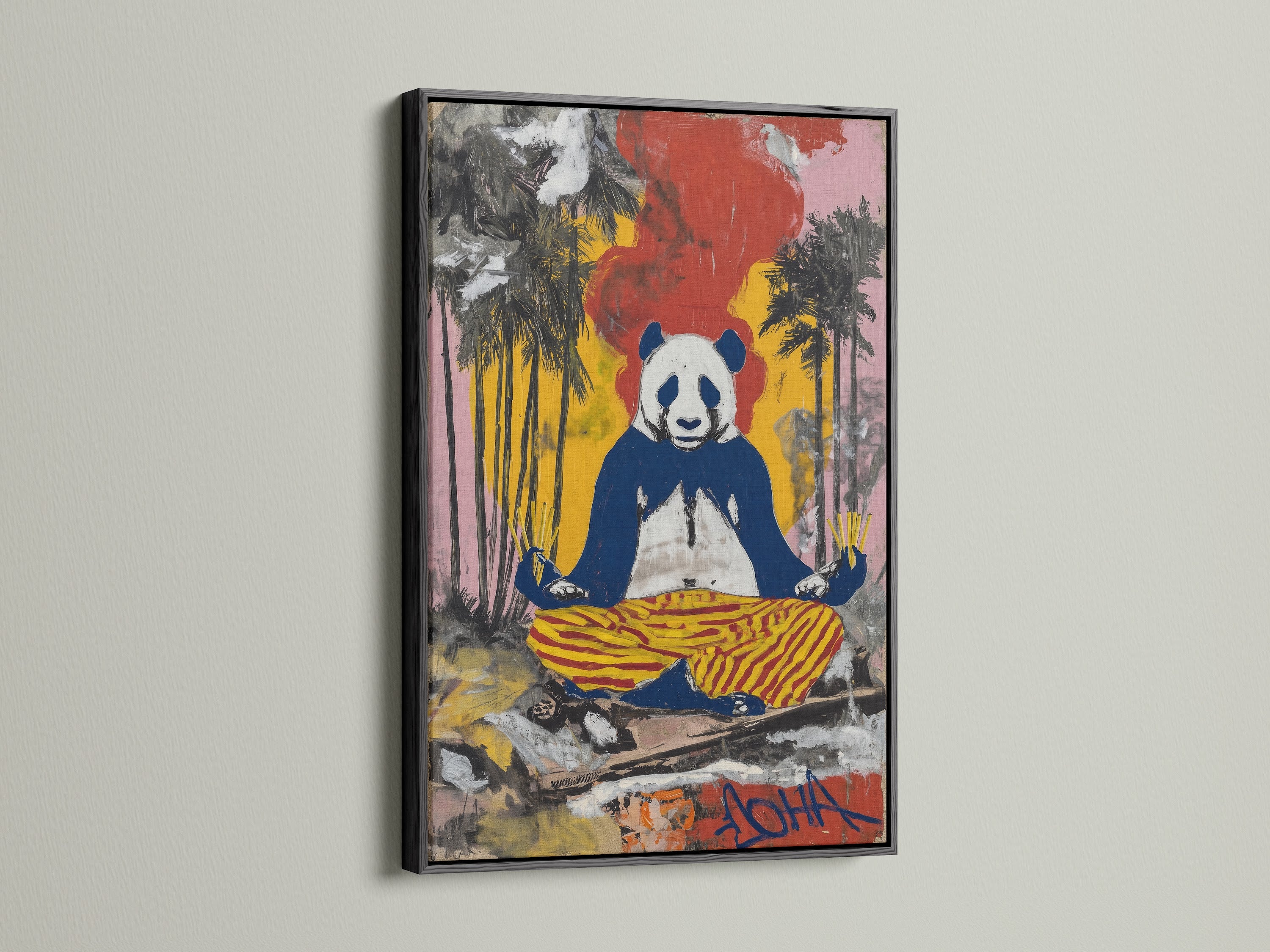 Zen Panda Canvas Print with a black frame. This street art print adds a modern touch to your decor. The panda artwork is ideal for meditation rooms. This urban art print brings mindfulness to your space.