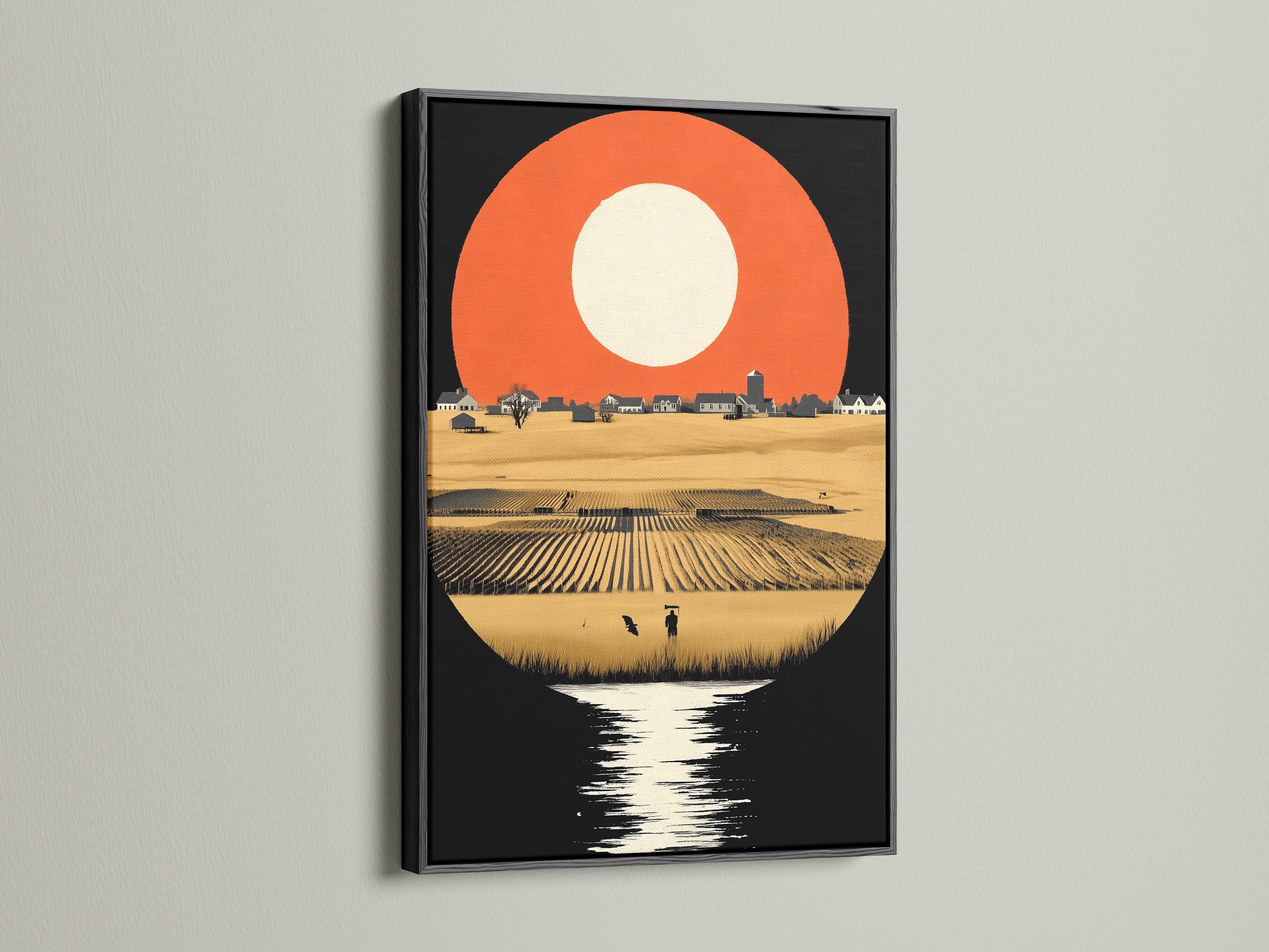Farm landscape artwork with a sleek black frame. This retro countryside art makes a bold statement. Rustic field artwork brings elegance to your wall. This vintage art print complements modern decor.