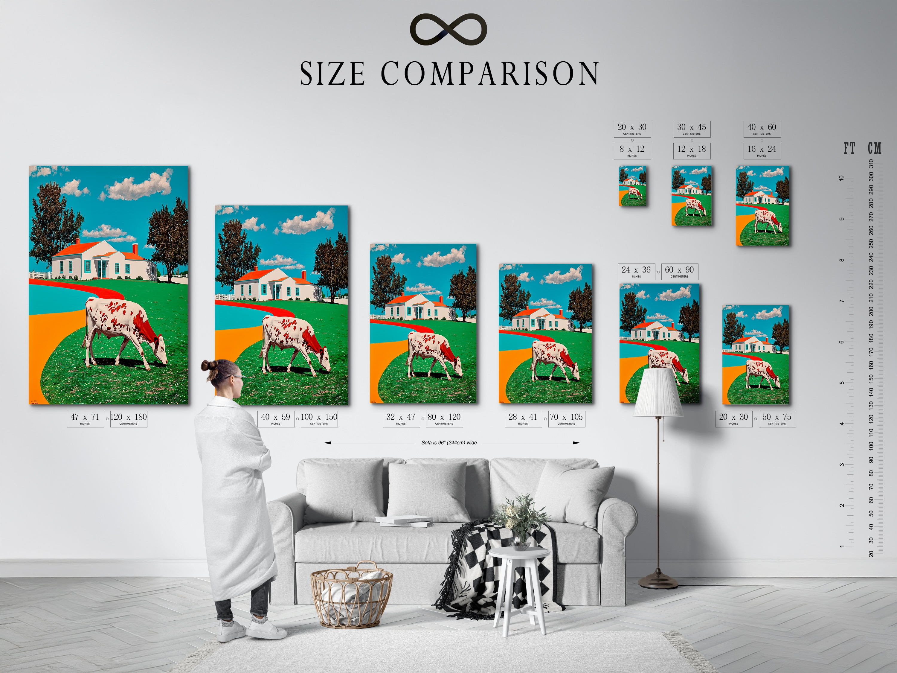 A size comparison chart displayed in an interior setting. The chart showcases various dimensions for canvas prints and posters. Visualize the perfect size for your farmhouse wall art or countryside prints. This chart helps you choose the ideal dimensions for your space. Ensure your art fits perfectly with this helpful guide. Plan your decor with confidence.