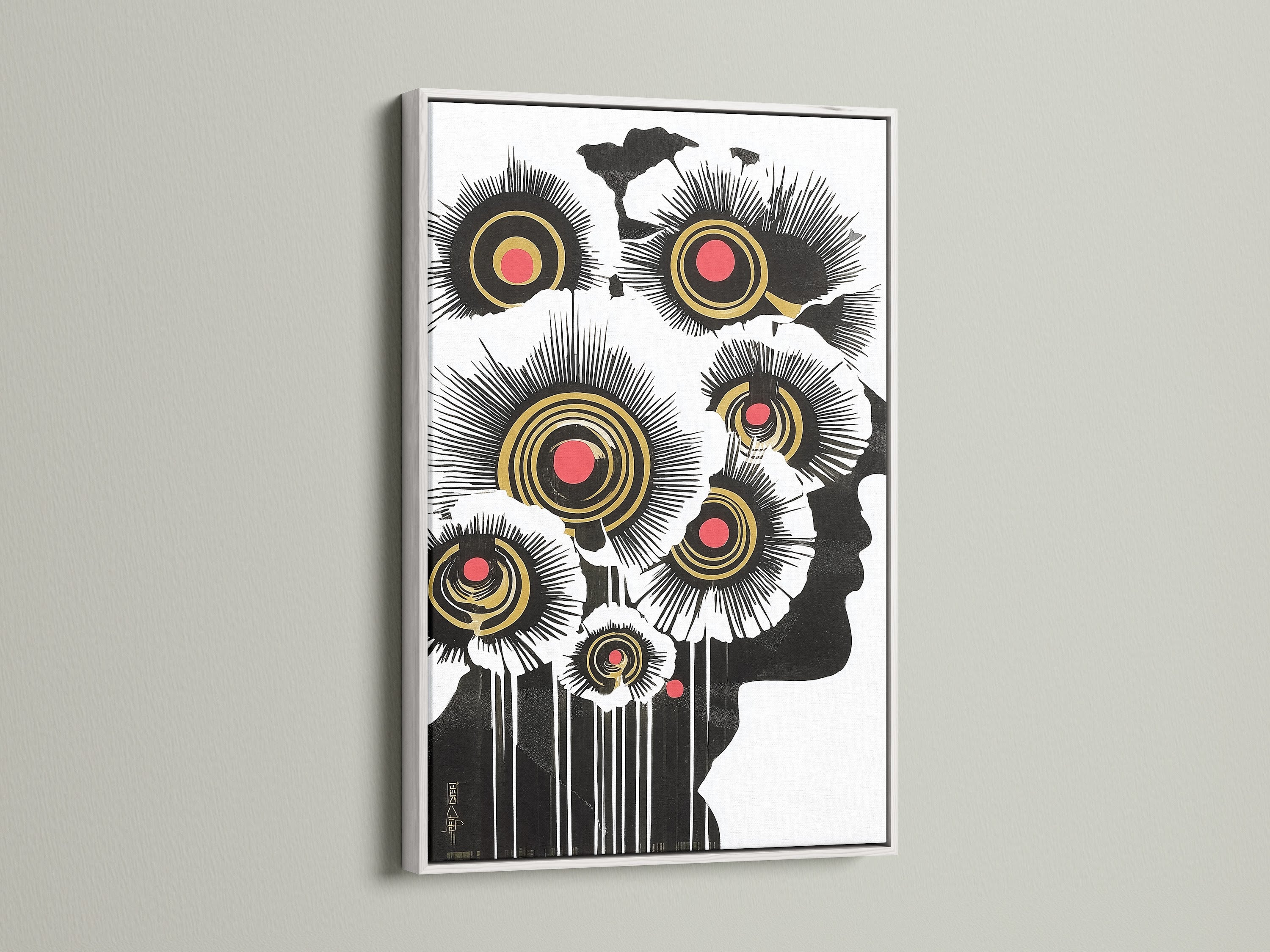 A white frame highlights this modern botanical wall art. The abstract floral print features black white and gold elements. It is suitable for enhancing home or office decor with a contemporary artwork piece. Great for studios salons and apartments.