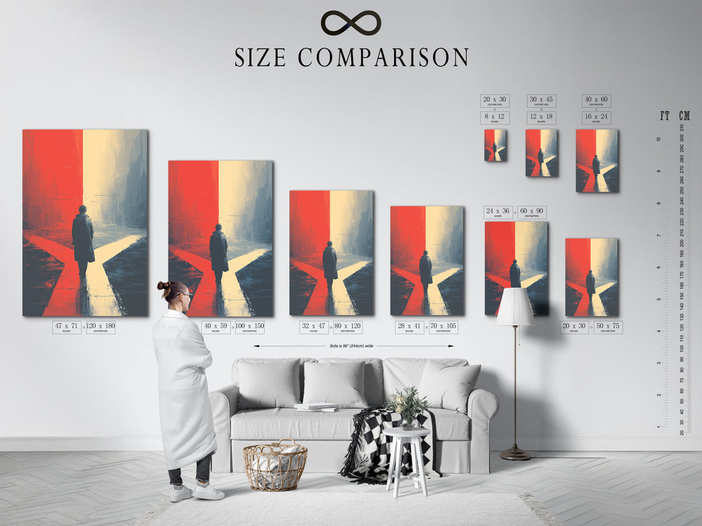 A size comparison chart displayed in an interior setting. The chart provides a visual guide to different artwork sizes. Compare sizes to find the perfect fit for your space. This chart helps you visualize artwork dimensions. Choose the ideal size to complement your interior decor.