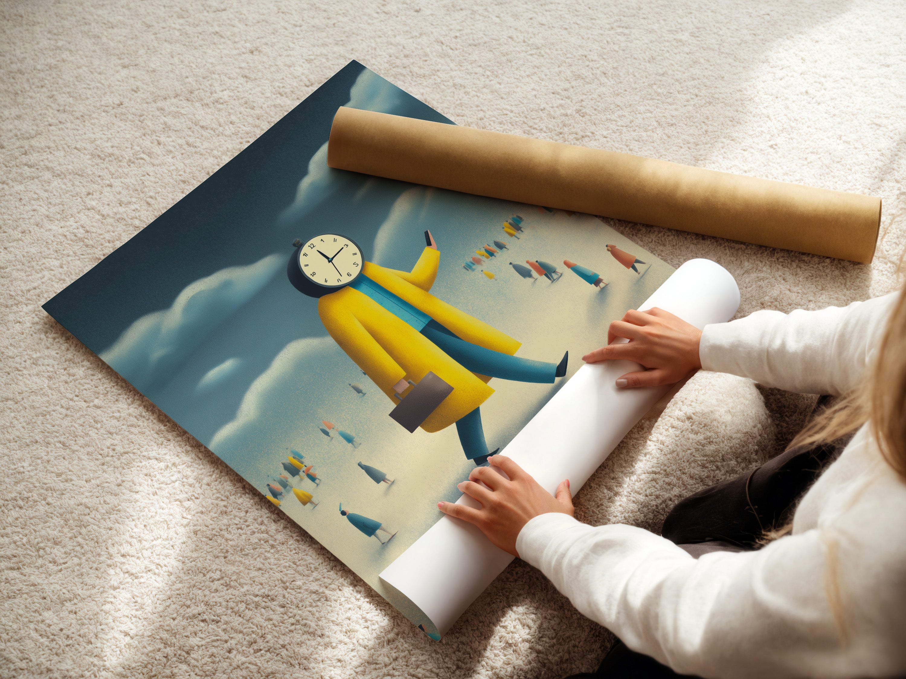 A woman is carefully rolling a fine art poster paper. The fine art paper ensures high quality prints. It preserves the artwork's details and colors. Enjoy your favorite artworks on premium fine art paper.