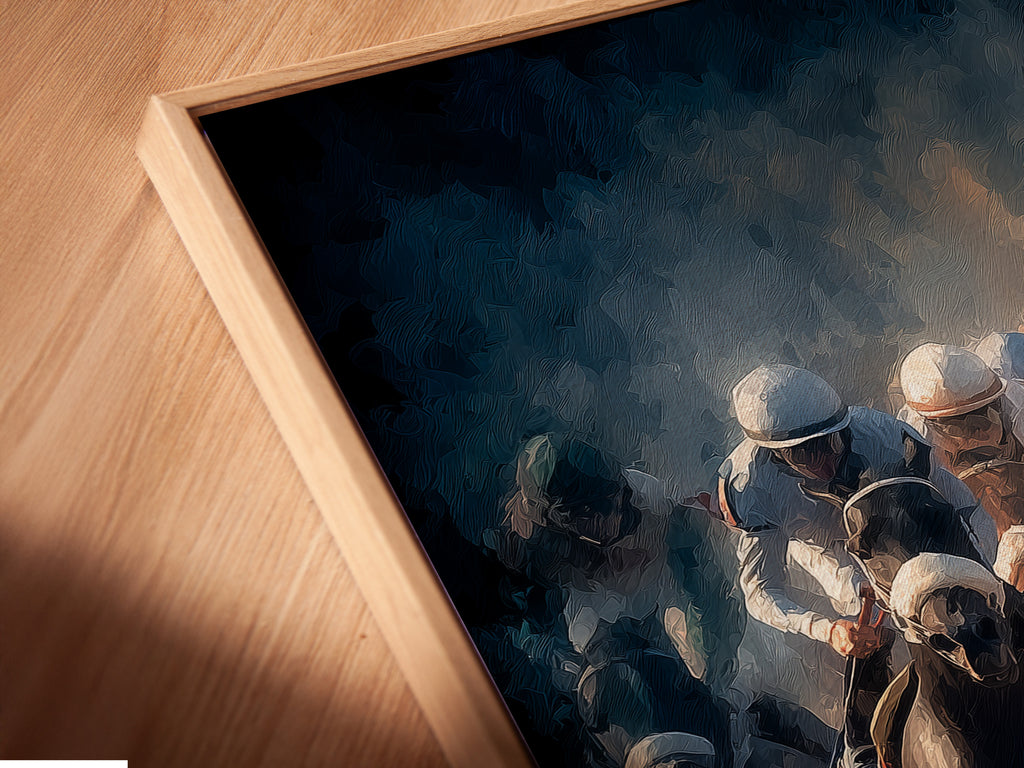 A close-up angled view of a canvas print in a floating frame. The artwork features a horse racing theme. The floating frame enhances the artwork. It gives a modern gallery feel to any space