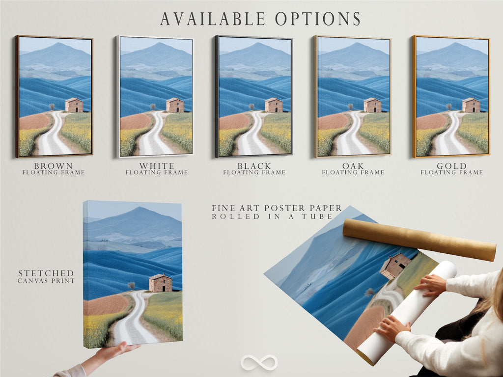 Available options for the Tuscan Landscape artwork. Choose between a stretched canvas print a fine art poster paper or a floating frame. Each option enhances the rolling hills art in its unique way. Perfect for customizing your farmhouse scenery. Find the ideal fit for your home decor.
