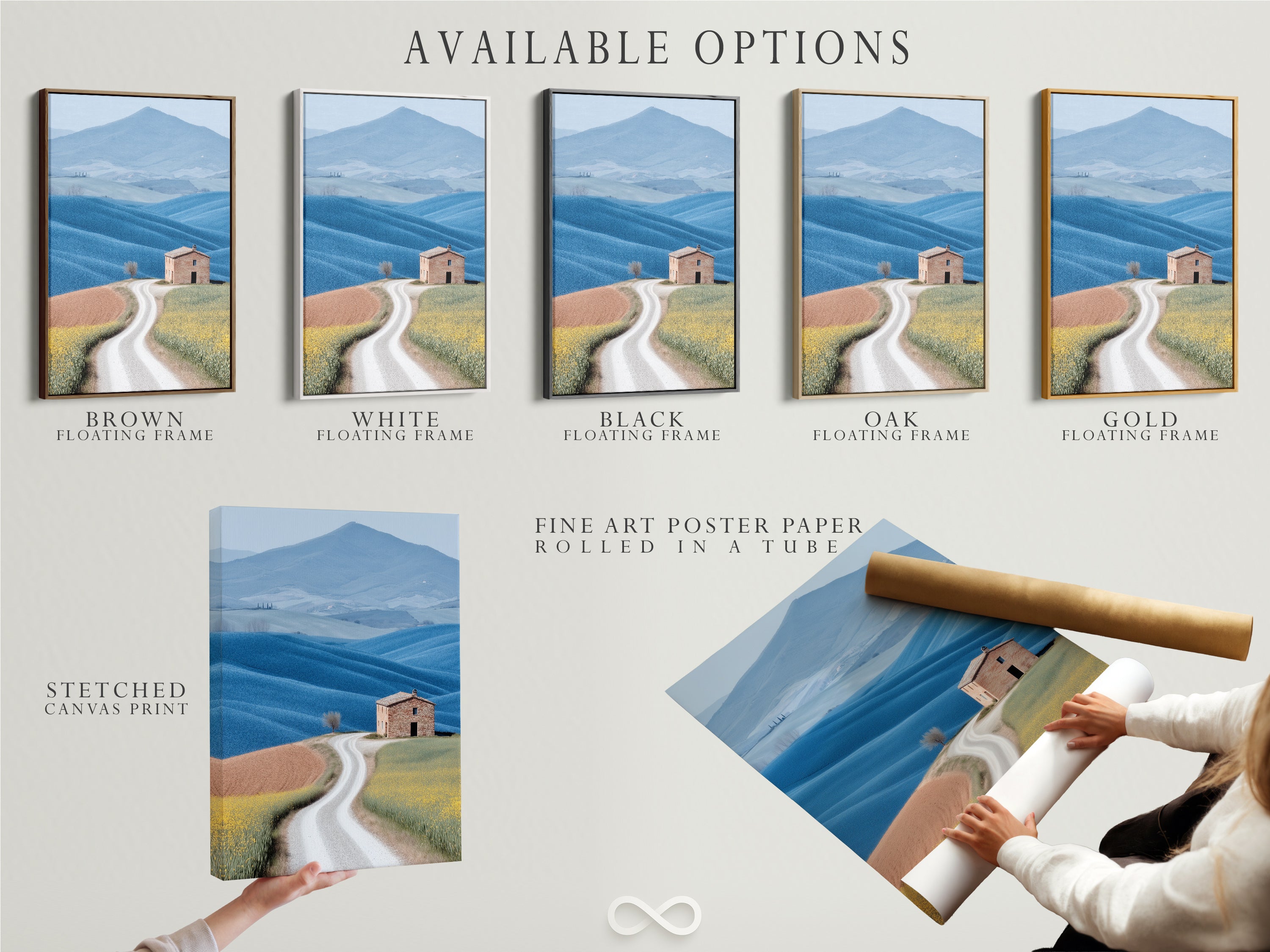 Available options for the Tuscan Landscape artwork. Choose between a stretched canvas print a fine art poster paper or a floating frame. Each option enhances the rolling hills art in its unique way. Perfect for customizing your farmhouse scenery. Find the ideal fit for your home decor.
