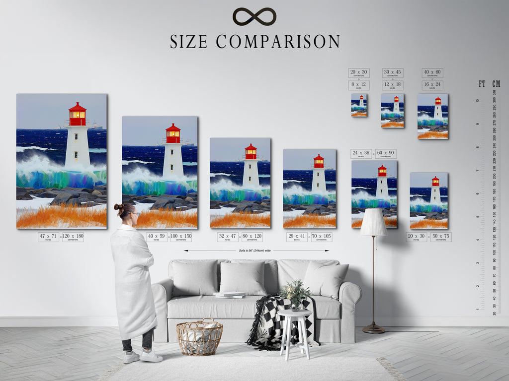 A size comparison chart featuring a lighthouse artwork in an interior. This chart helps you visualize the perfect fit for your space. Choose the ideal size to complement your wall decor. Nautical and coastal wall art.