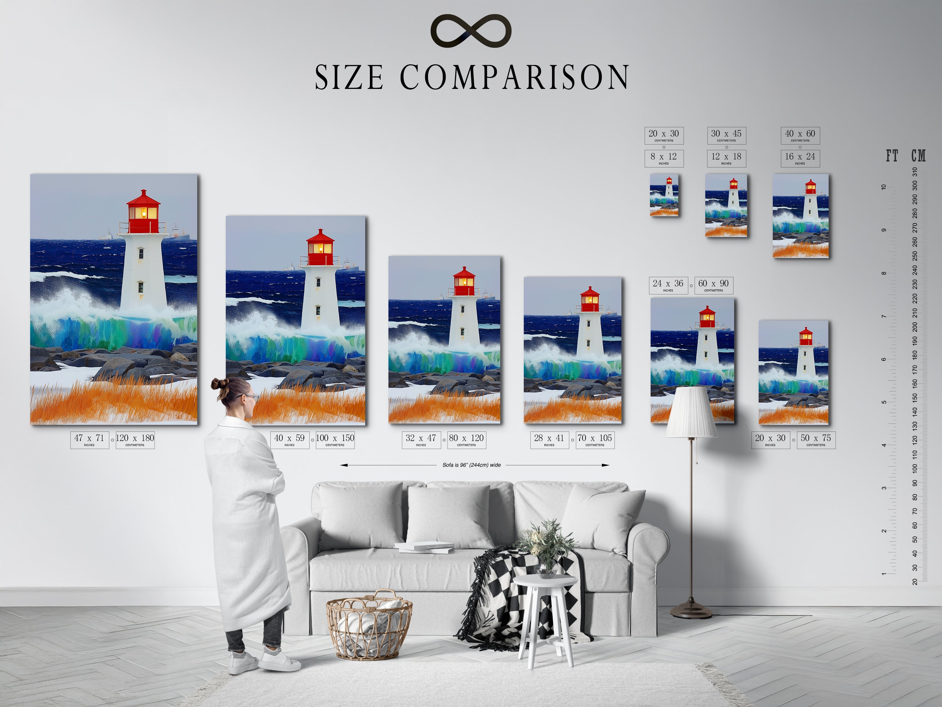 A size comparison chart featuring a lighthouse artwork in an interior. This chart helps you visualize the perfect fit for your space. Choose the ideal size to complement your wall decor. Nautical and coastal wall art.