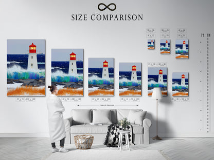 A size comparison chart featuring a lighthouse artwork in an interior. This chart helps you visualize the perfect fit for your space. Choose the ideal size to complement your wall decor. Nautical and coastal wall art.