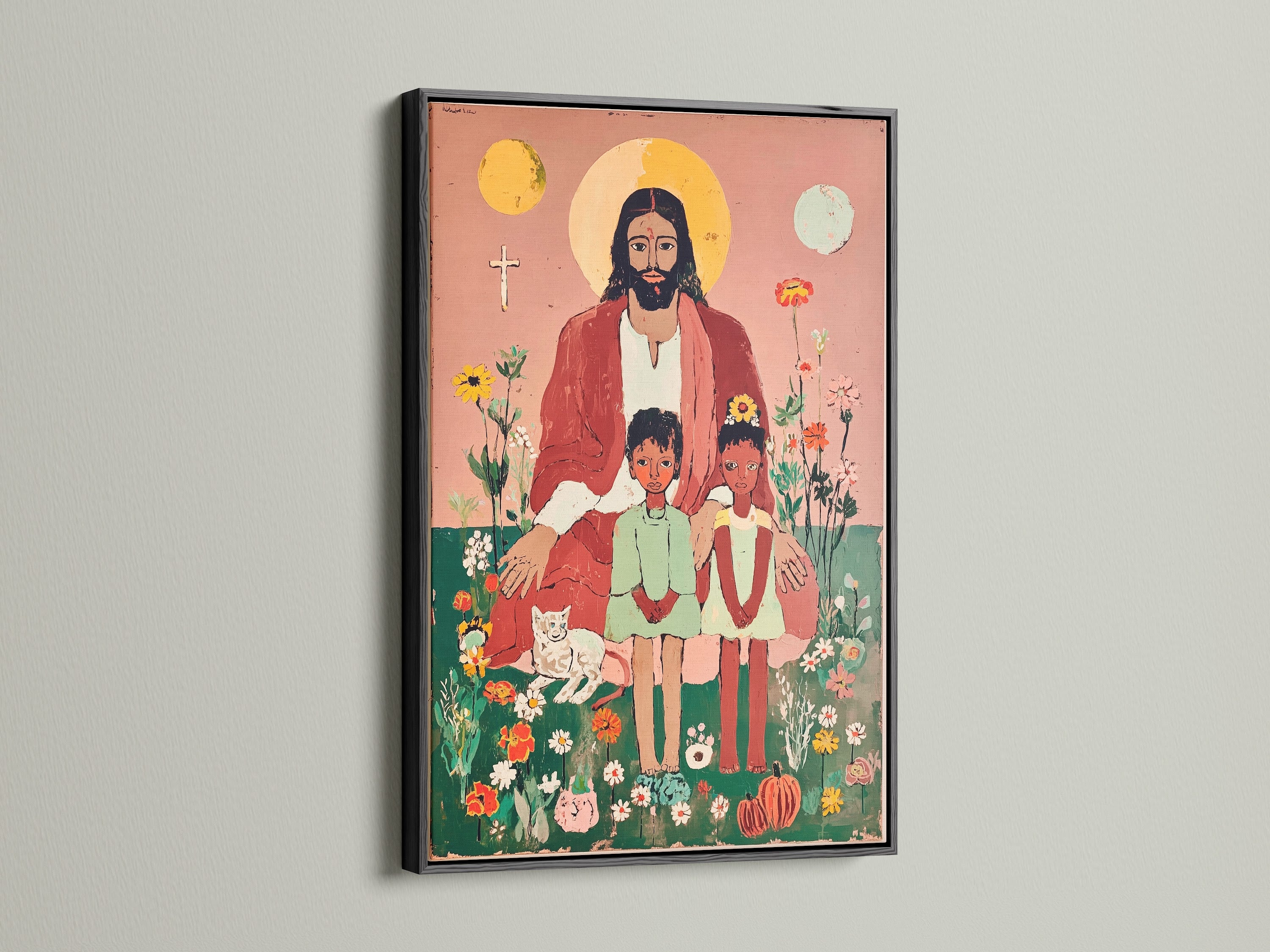 Jesus Artwork in a folk art style features Jesus Christ with two children. Framed in a sleek black frame this Christian art print is perfect for kids' room decor. Add biblical art to your nursery with this religious wall art.