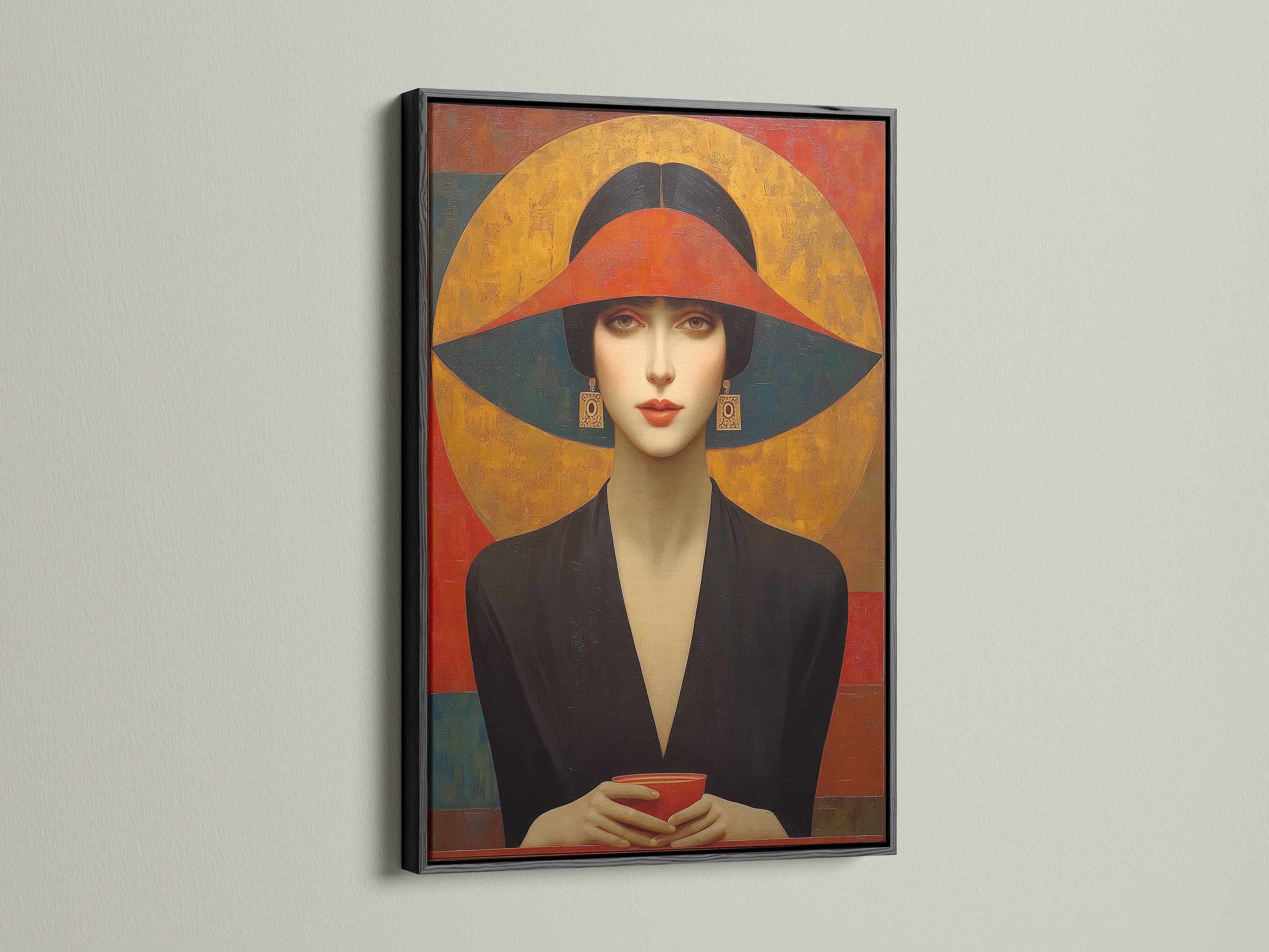 Art Deco woman portrait in a black frame. This vintage fashion canvas print is a retro geometric wall art piece. The 1920s style art will enhance any space. It's perfect for bedroom wall decor. This vintage poster art adds elegance.