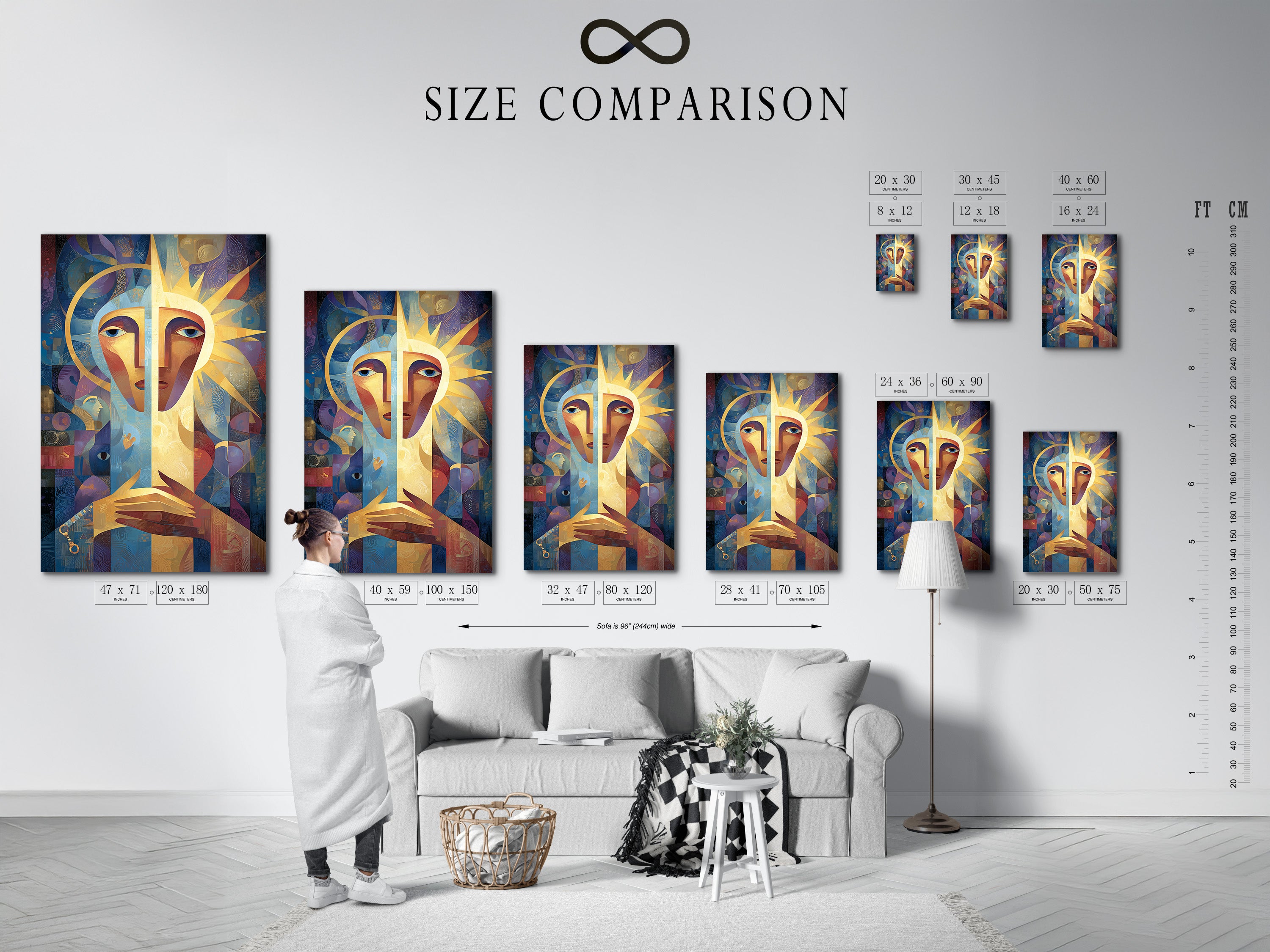 Use this size comparison chart to visualize art in your space. See how different sizes fit in an interior setting. The chart helps you choose the perfect artwork size. Plan your gallery wall with confidence. Find the ideal size for your home or office