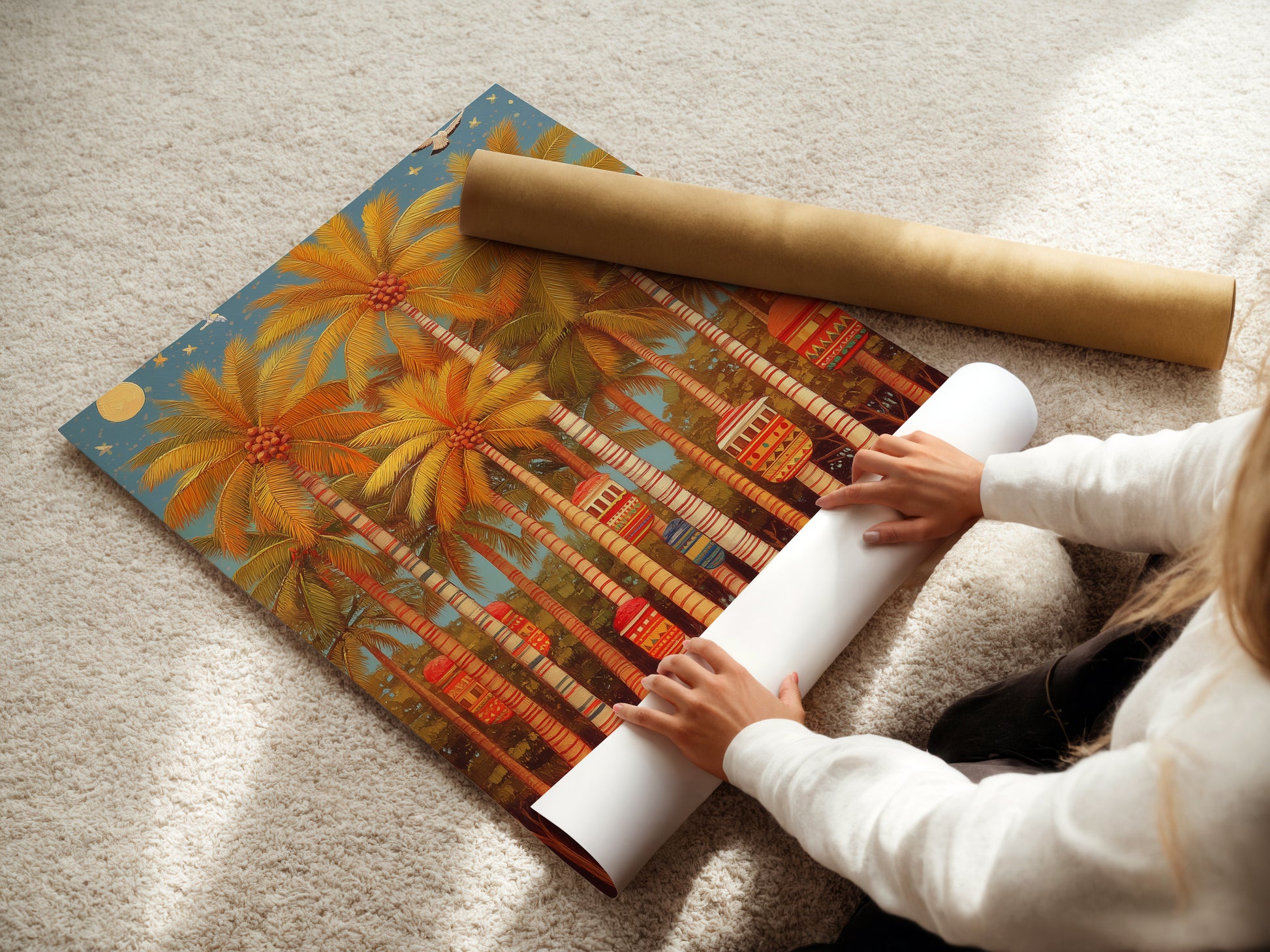 A woman carefully rolls a fine art poster paper featuring the Palm Trees artwork. This tropical print brings a vintage style to your walls. Perfect for sunrooms and coastal decor.