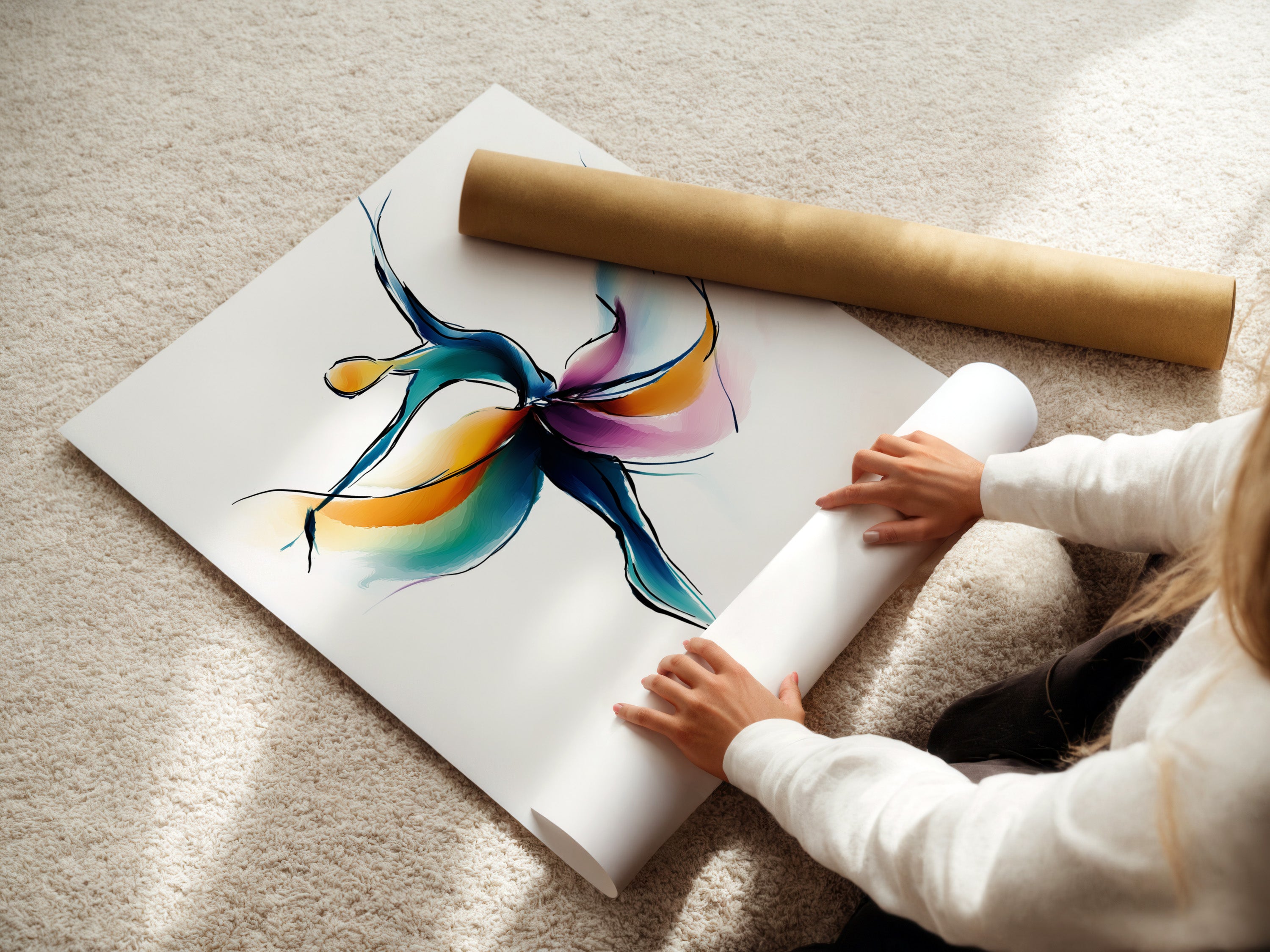 A woman is carefully rolling a fine art poster paper. The art poster features the Abstract Dancer artwork. It captures the essence of movement and color. This poster is ideal for minimalist modern styles.