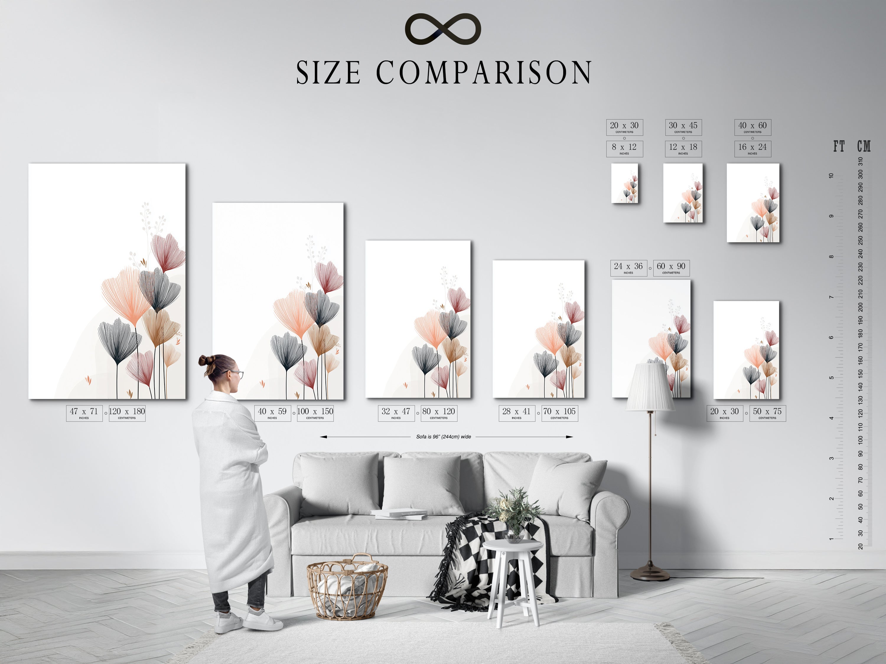 A size comparison chart is displayed in an interior setting. The chart showcases various sizes of floral line art prints. The abstract botanical artwork is perfect for modern homes. Choose the perfect size for your bedroom decor. Discover minimalist art and scandi decor.