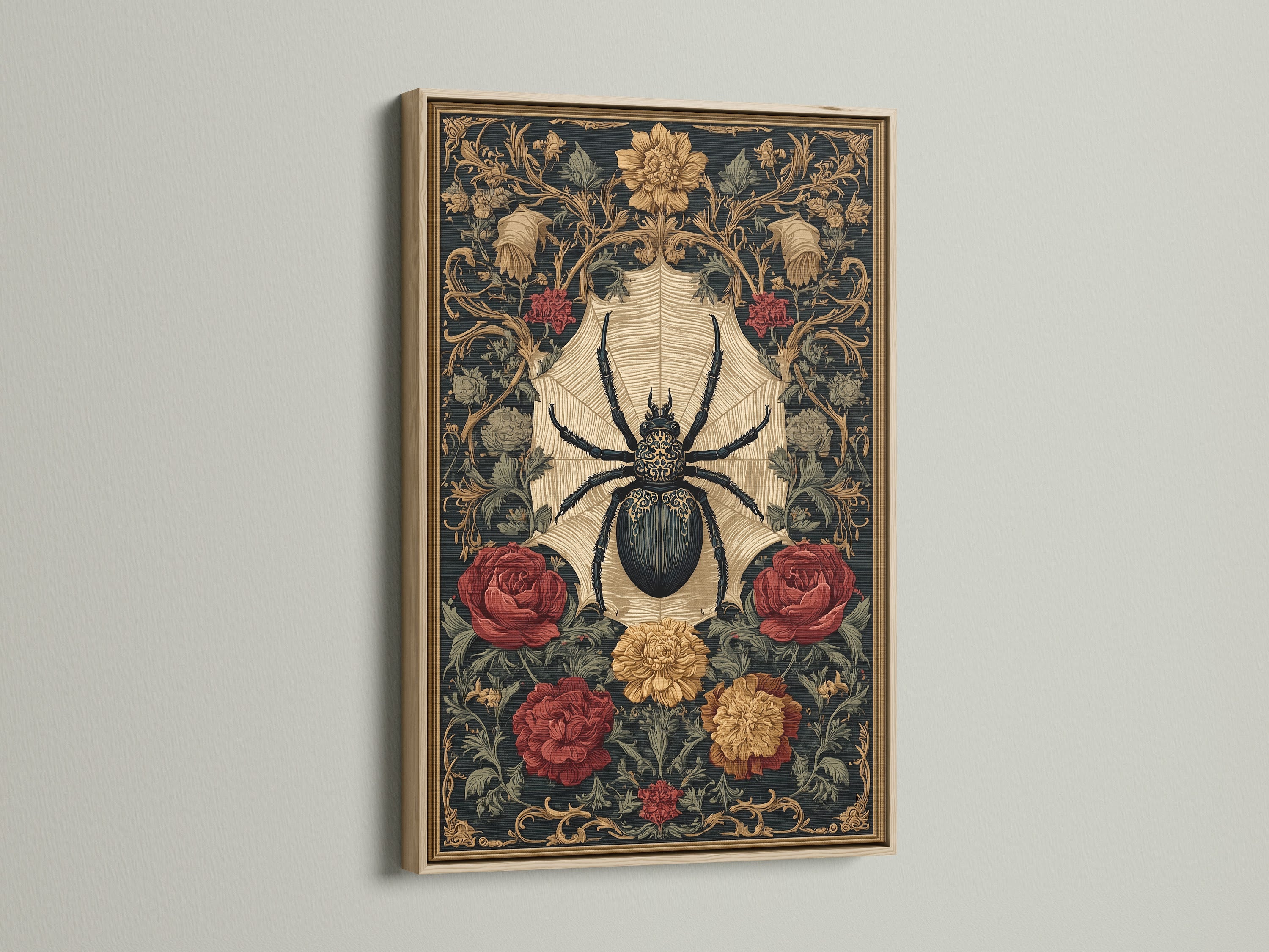 Framed art print with a spider and floral theme. The artwork is showcased in an oak frame. This frame adds warmth and sophistication to any room. See how an oak frame enhances this unique piece. Perfect for nature-inspired interiors.