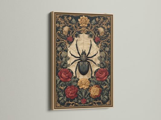 Framed art print with a spider and floral theme. The artwork is showcased in an oak frame. This frame adds warmth and sophistication to any room. See how an oak frame enhances this unique piece. Perfect for nature-inspired interiors.