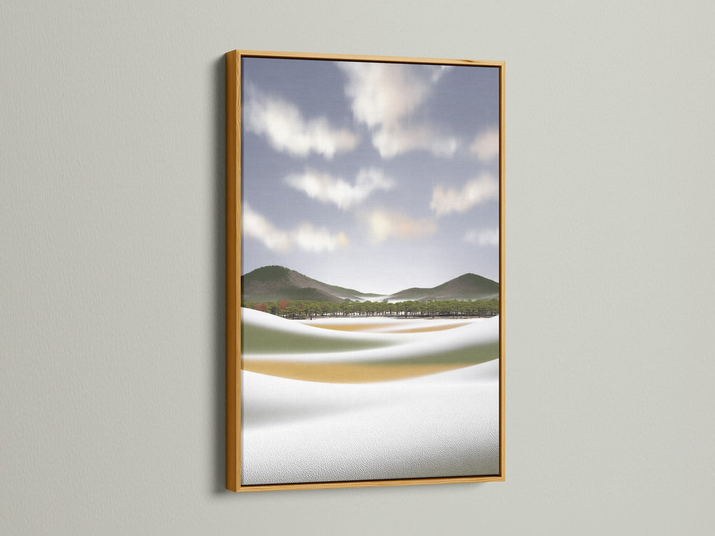 Coastal landscape artwork in a gold frame. This elegant beach canvas print adds a touch of luxury to your wall decor. The gold frame accentuates the serene nature print. Perfect for adding a modern touch to any room. Enhance your space with this beautiful coastal art.