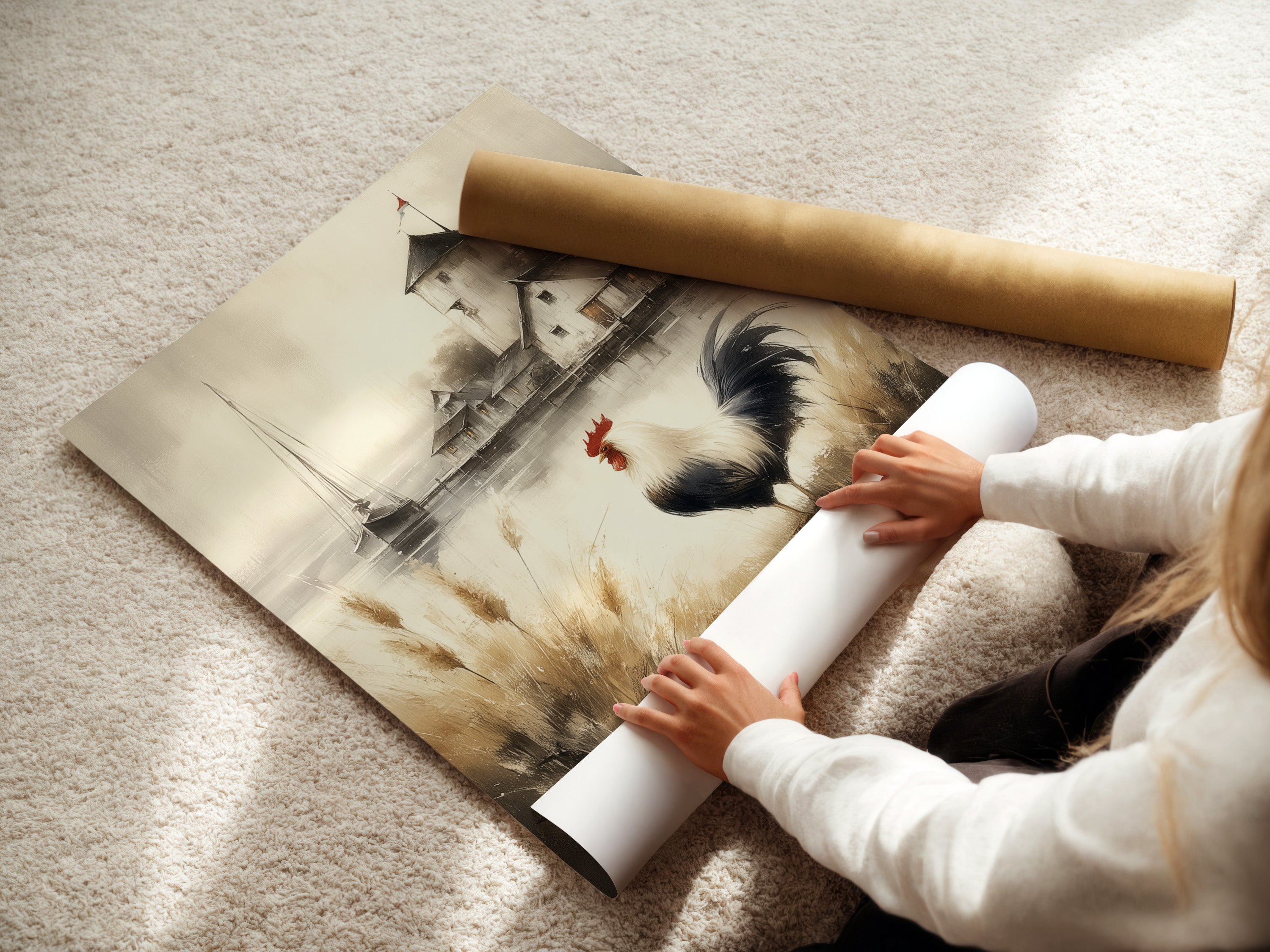 A woman rolls a fine art poster paper. This print displays rooster artwork. This farmhouse decor is ideal for any home. The rustic canvas print is a vintage watercolor painting. Perfect for country kitchen art.