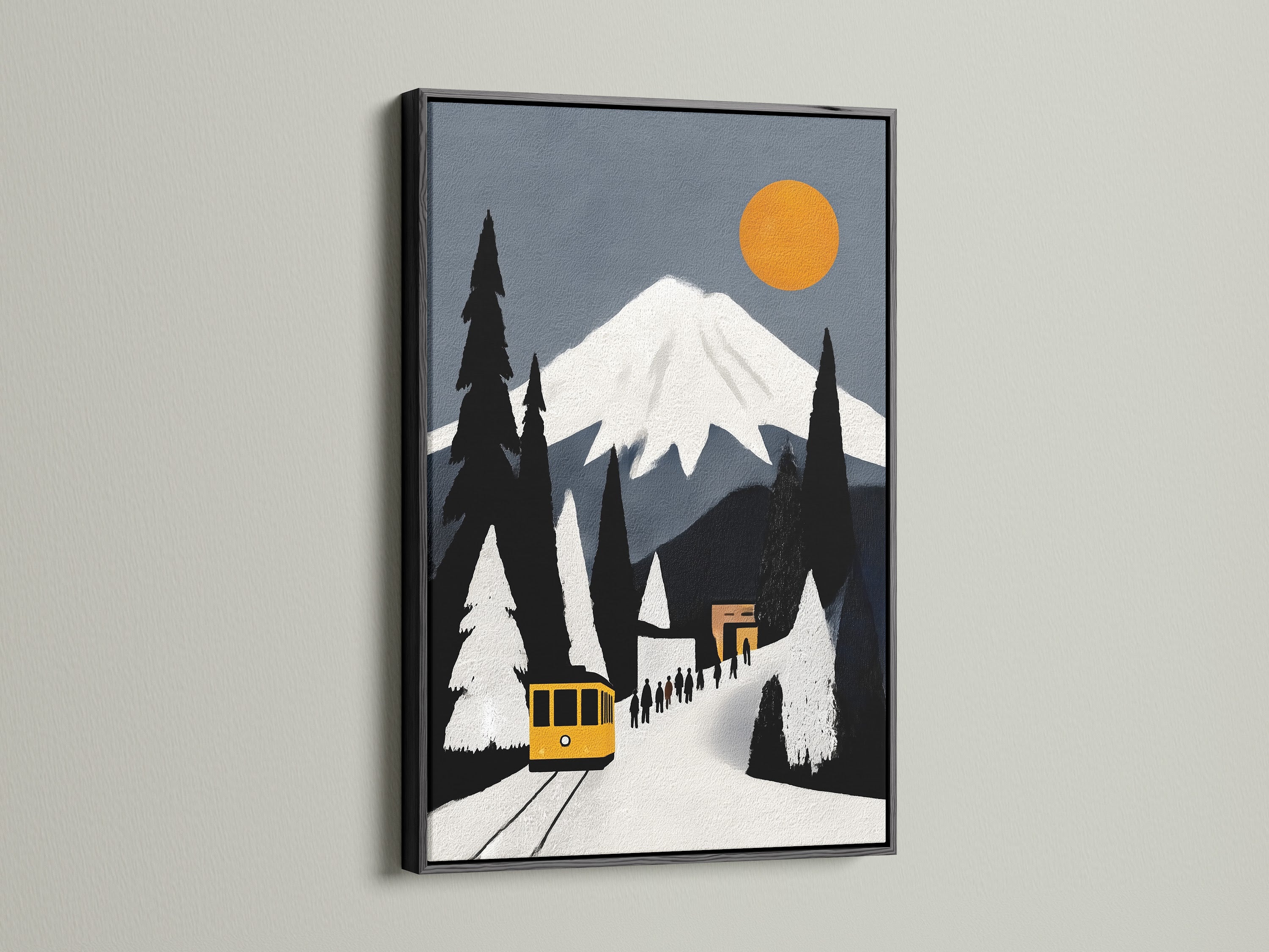 The Mountain Train vintage travel poster art is framed in black. It is perfect for homeowners renters and interior designers. Alpine railway wall art for studios lobbies clinics cafes and boardrooms.