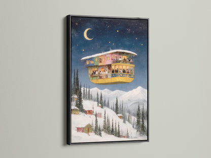 Enhance your interior with this fantasy house artwork. The starry night print is beautifully framed in black. It adds a sophisticated touch to this whimsical wall art. Ideal for creating a cozy and inviting atmosphere. Perfect for living rooms bedrooms and offices. Add a touch of magic to your space with this celestial artwork.
