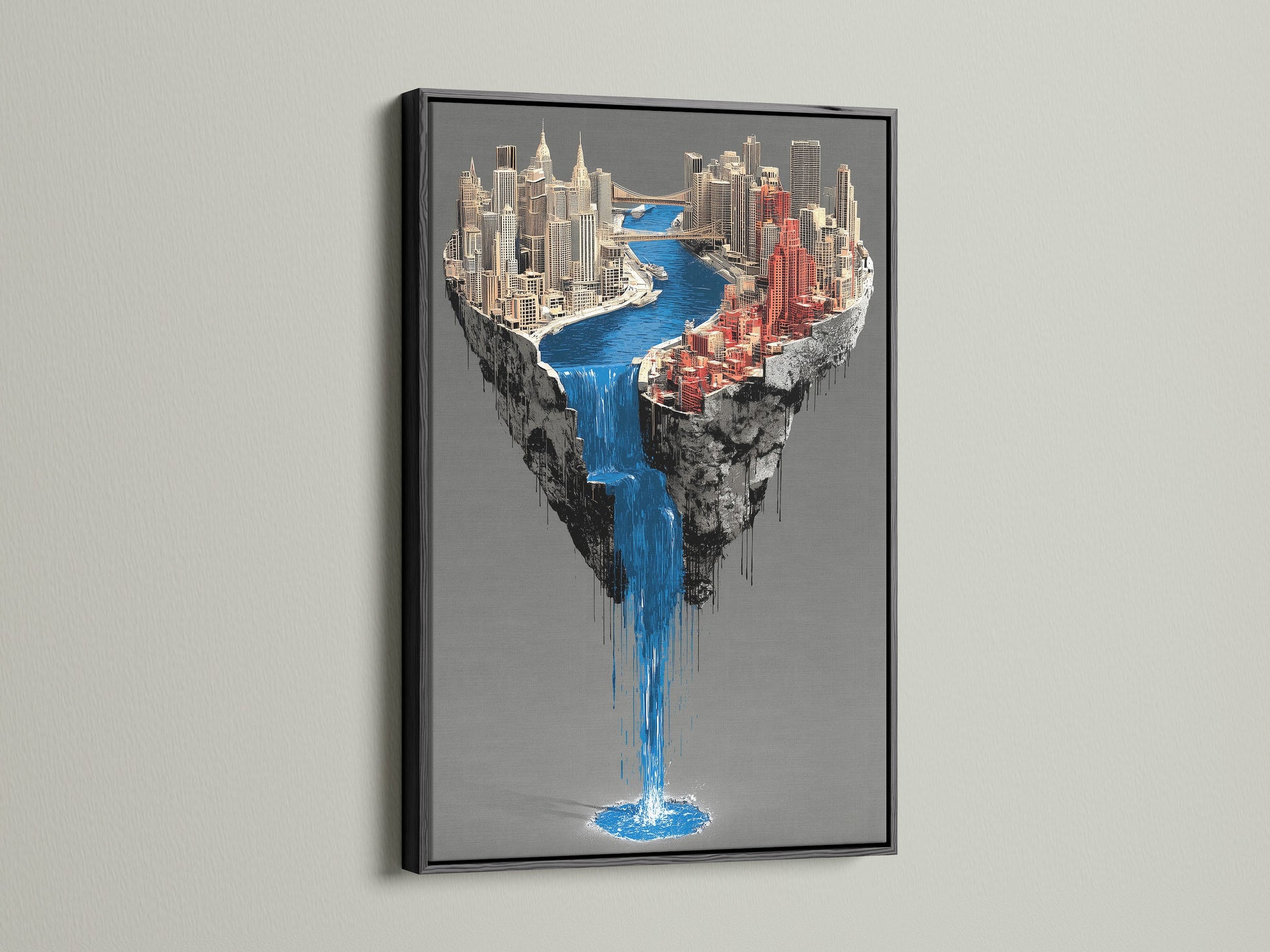 The black frame accentuates the surreal city waterfall artwork. It is a striking floating island canvas print. This piece of urban wall art adds sophistication to modern spaces. The contemporary artwork enhances office and home decor. The fantasy cityscape brings a unique architectural element.