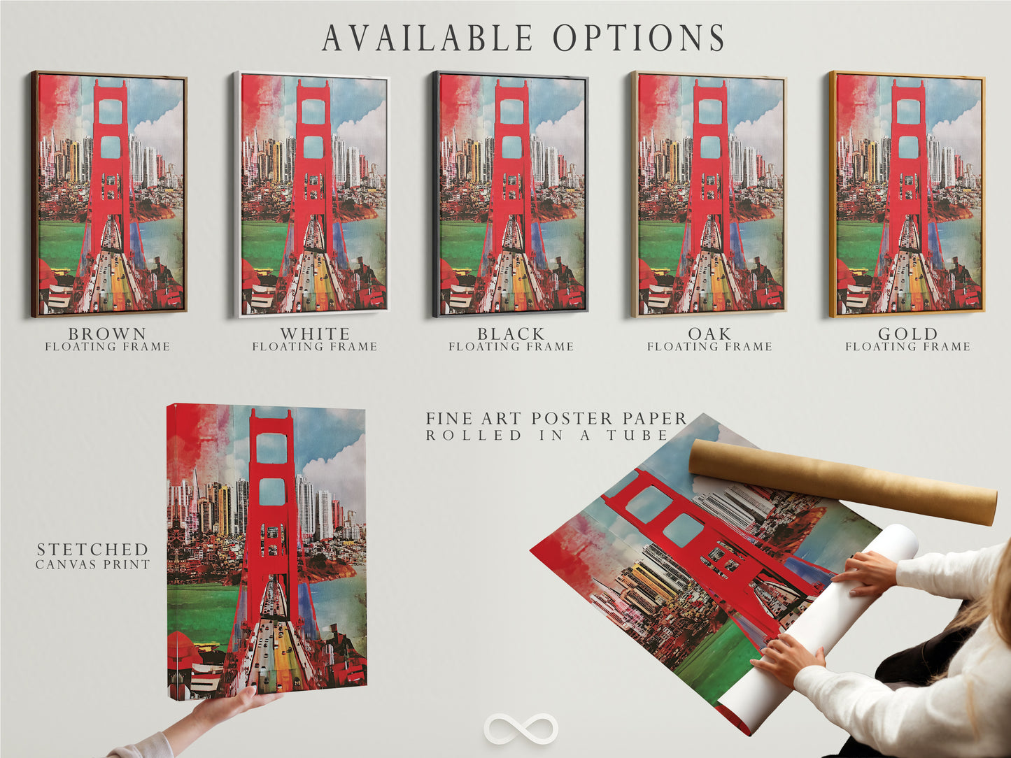 Explore available options for your Golden Gate Bridge artwork. Options include stretched canvas print fine art poster paper and floating frame. Customize your artwork to suit your style and space. Transform your walls today.