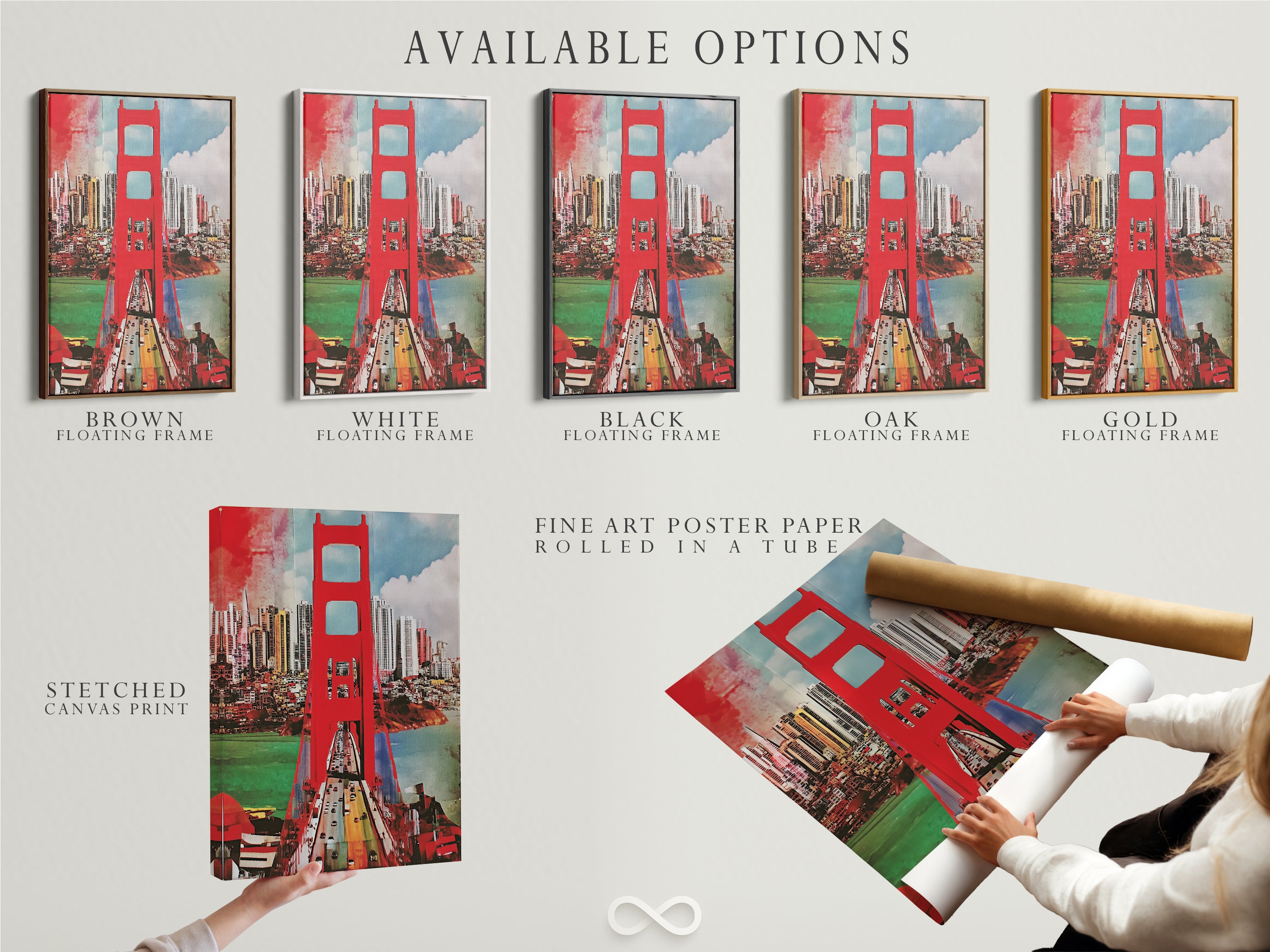 Explore available options for your Golden Gate Bridge artwork. Options include stretched canvas print fine art poster paper and floating frame. Customize your artwork to suit your style and space. Transform your walls today.