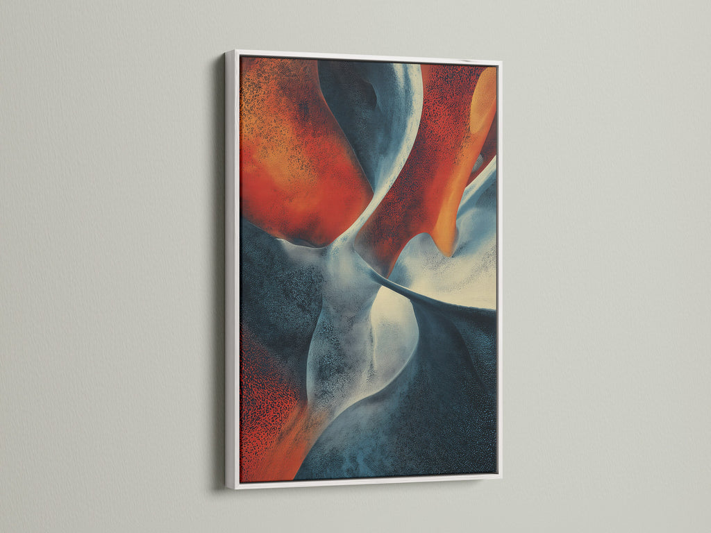 Artwork with a white frame is displayed. The artwork has abstract shapes in red white and blue. The white frame provides a clean and modern look. This framed art will brighten up any space. Add a touch of elegance to your home decor. Shop now for white framed art prints.
