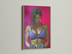 Fitness Woman artwork with an oak frame. The artwork shows a strong woman lifting weights. Ideal for fitness enthusiasts. A great addition to any workout room. Elevate your gym's atmosphere.