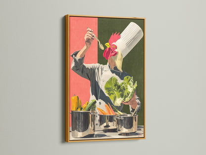 Chef Rooster artwork in a gold frame. This piece of art is a great choice for kitchens. It can also be great for culinary students. The canvas print has a primary color of red. The secondary color is green. This quirky piece of kitchen art will enhance any space.