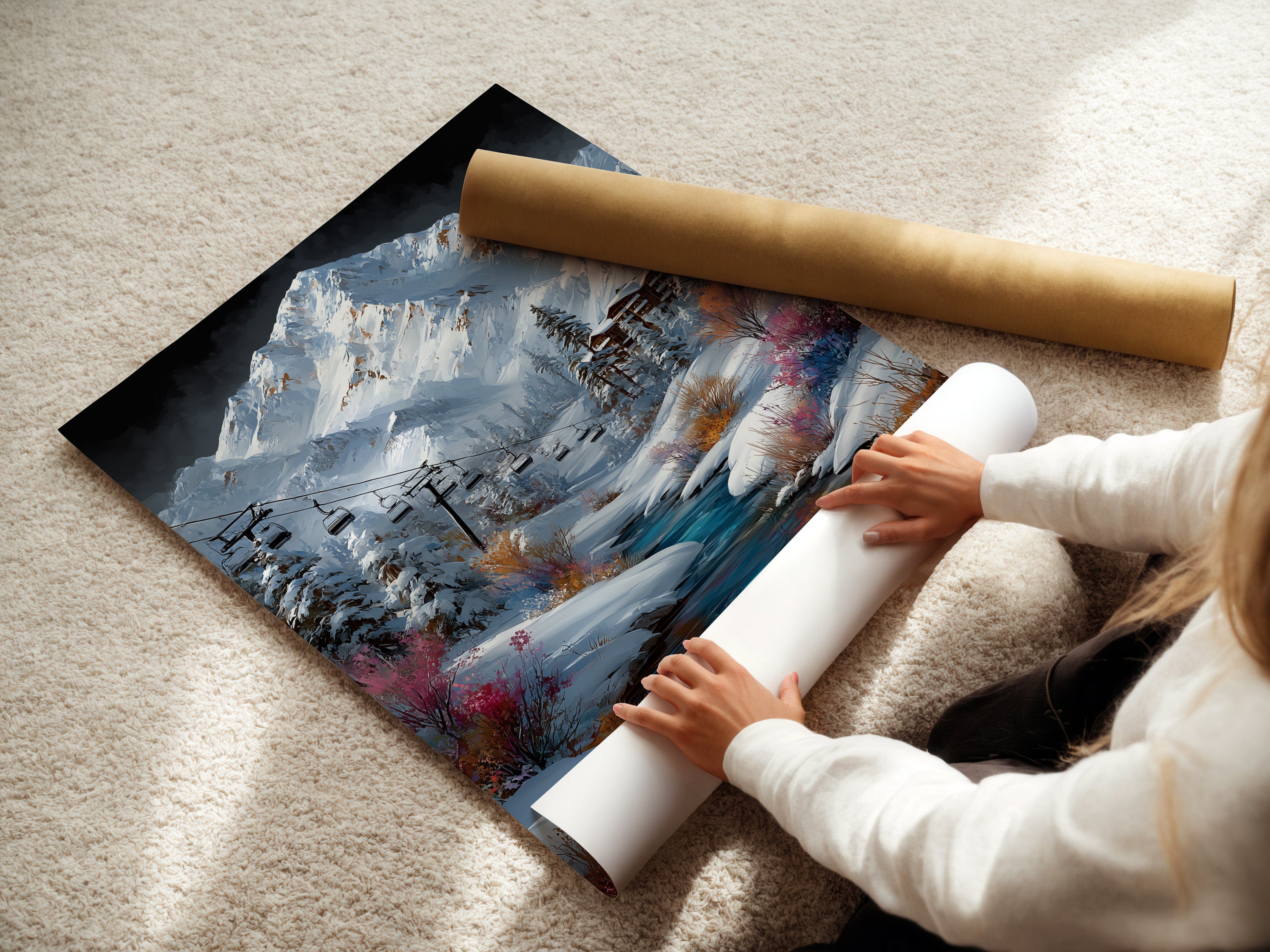 A woman carefully rolls a fine art poster paper print. This shows the care and quality that goes into each product. The artwork captures a winter mountain village with a ski lift and stream. Perfect for adding a touch of alpine charm to your walls.