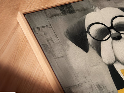 Close-up angled view of the Dog with Bowtie canvas art in a floating frame. This modern animal print is perfect for adding a touch of whimsy to your home decor. The floating frame enhances the artwork's contemporary style.