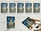 Available options are displayed: stretched canvas print fine art poster paper and floating frame. Choose your preferred style for the Crystal Tower art. Each option offers a unique way to showcase this futuristic landscape artwork.