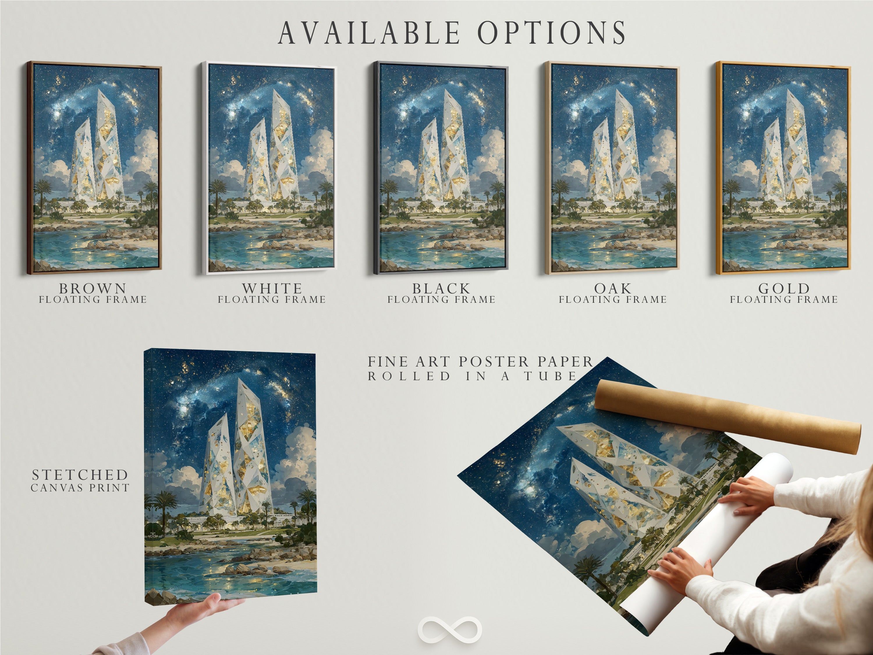 Available options are displayed: stretched canvas print fine art poster paper and floating frame. Choose your preferred style for the Crystal Tower art. Each option offers a unique way to showcase this futuristic landscape artwork.