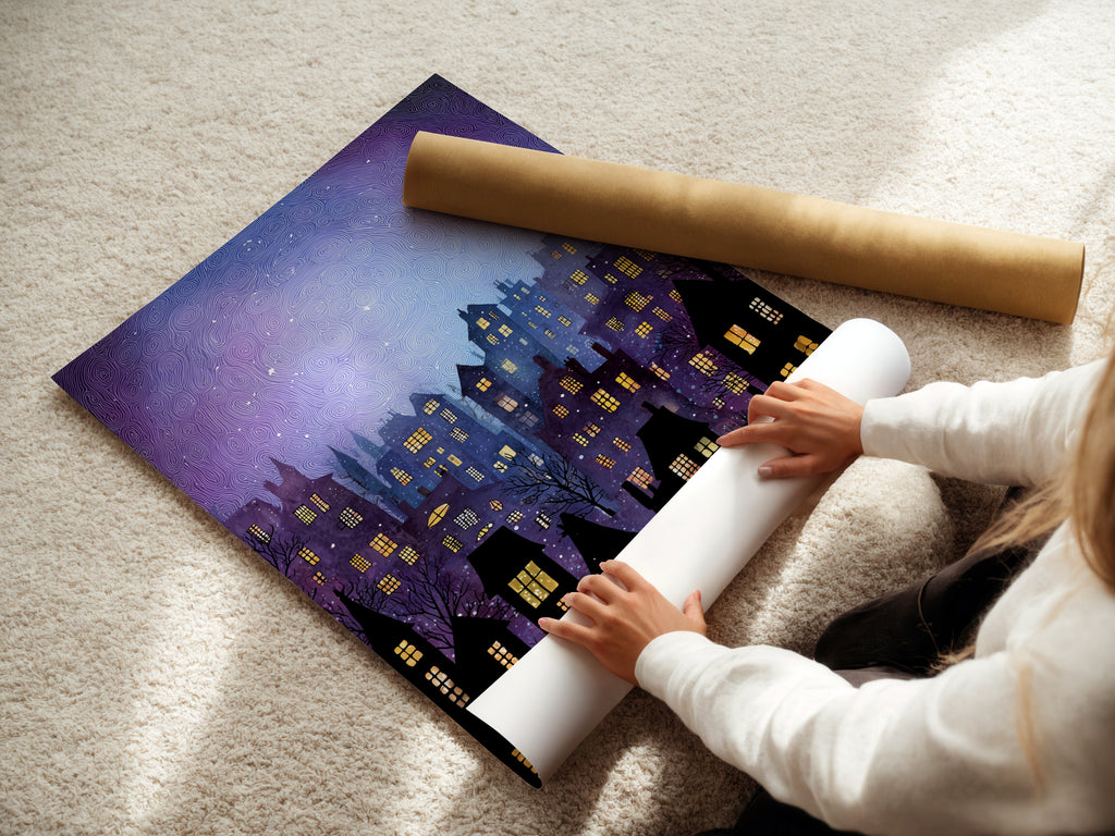 A woman is carefully rolling a fine art poster paper. The poster paper is high quality and ready to be framed. This ensures protection during shipping. Our fine art posters are perfect for adding style to your home. The woman is handling the poster with care. This reflects our commitment to quality.