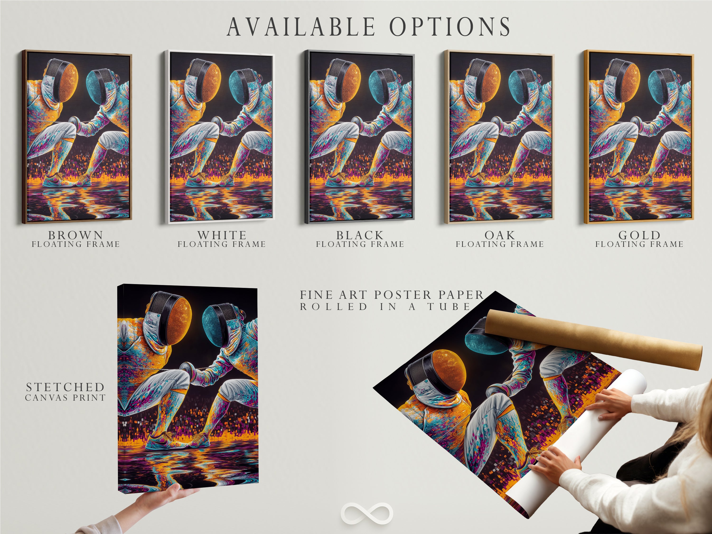 Available options for the Fencing Duel artwork. Choose from a stretched canvas print a fine art poster paper and a floating frame. Find the perfect style to match your modern wall art needs