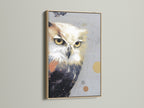 A striking owl artwork print is elegantly presented in an oak frame. The natural wood complements the modern wildlife canvas art. It enhances the contemporary bird artwork bringing nature-inspired decor to your living room bedroom or office. Explore this stunning artwork.