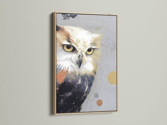 A striking owl artwork print is elegantly presented in an oak frame. The natural wood complements the modern wildlife canvas art. It enhances the contemporary bird artwork bringing nature-inspired decor to your living room bedroom or office. Explore this stunning artwork.