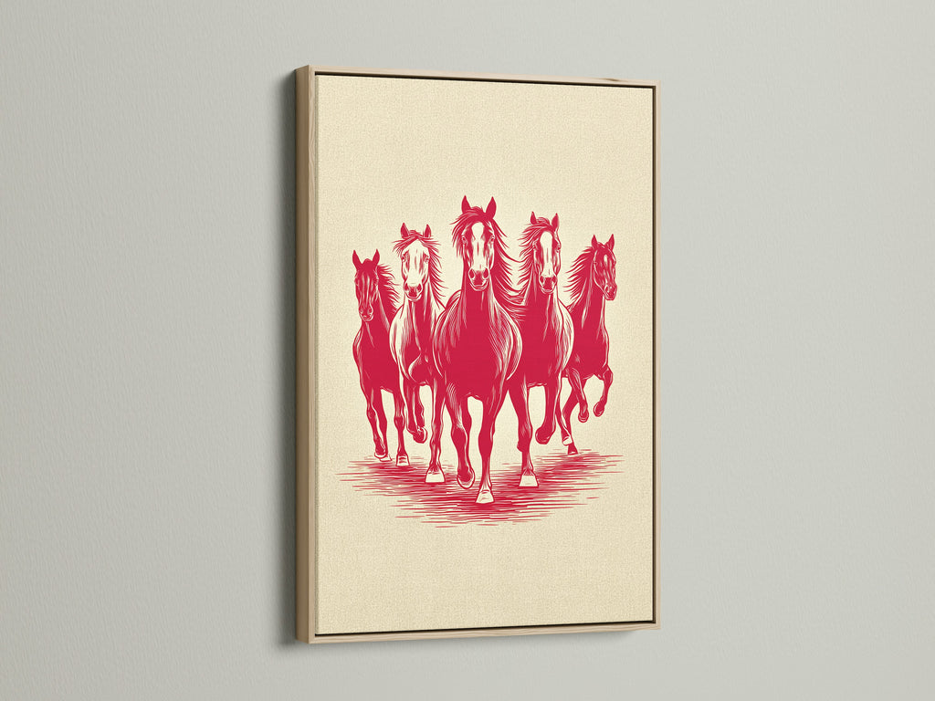 Artwork of running horses is displayed in an oak frame. The oak offers a natural warm tone. The artwork is matted. This frame provides a classic gallery aesthetic. A great choice for horse lovers.