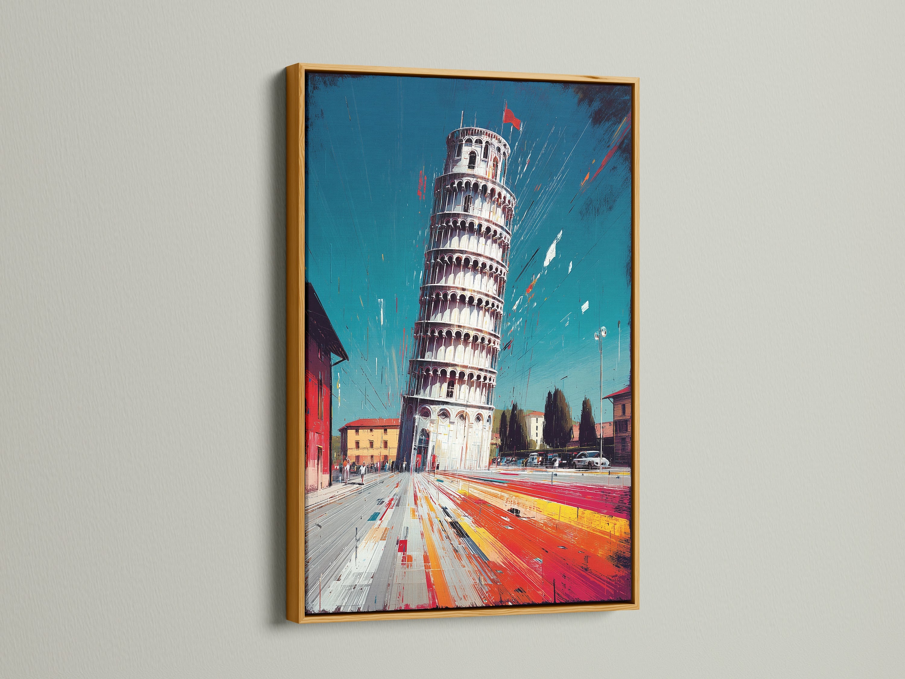 A gold frame brings a touch of elegance. This frame enhances the Italian landmark artwork. Its luxurious finish makes it perfect for contemporary and minimalist styles. This gold frame adds a sophisticated touch to your architecture print or travel canvas