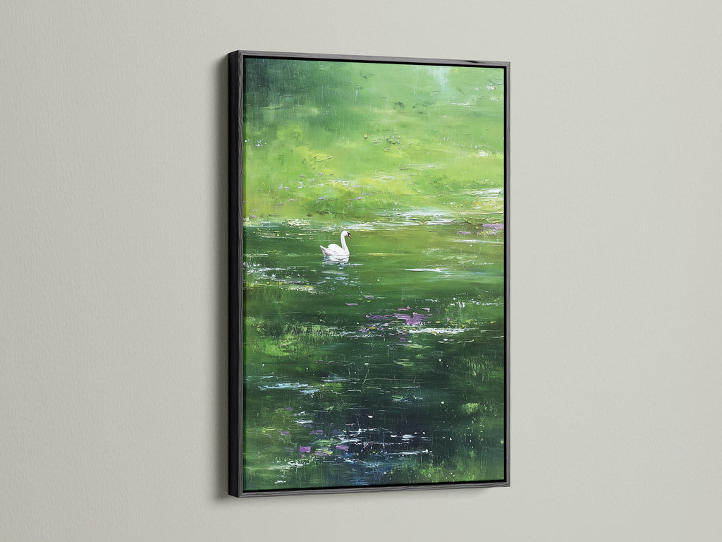A black frame highlights the artwork. The subject is a swan swimming. The art piece becomes a dramatic focal point. The black frame adds sophistication. It complements various interior styles. The artwork is captivating.