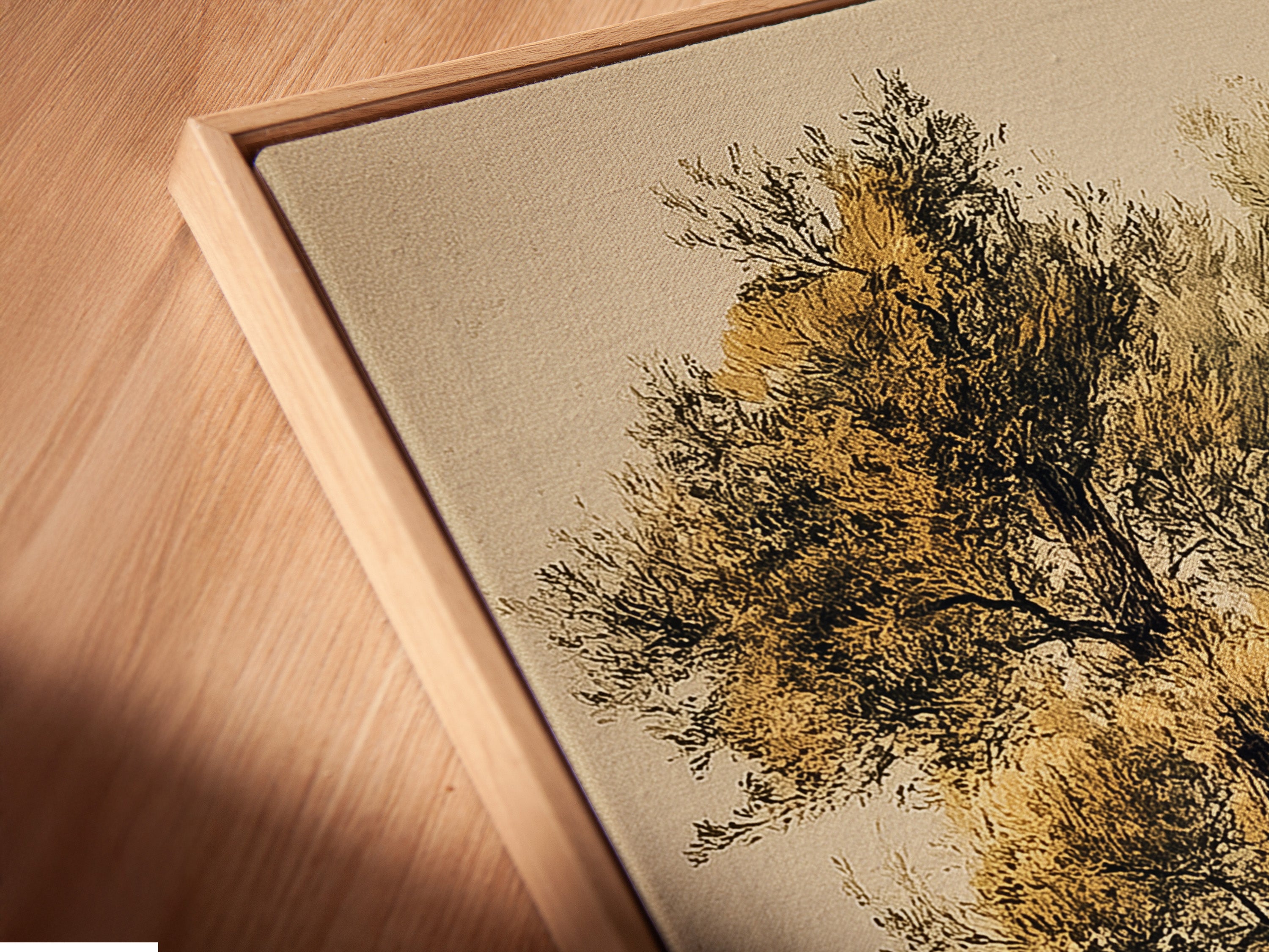 Angled close up showcases a canvas print in a floating frame. The frame enhances the artwork. The canvas texture is visible. This framing style offers a modern aesthetic.