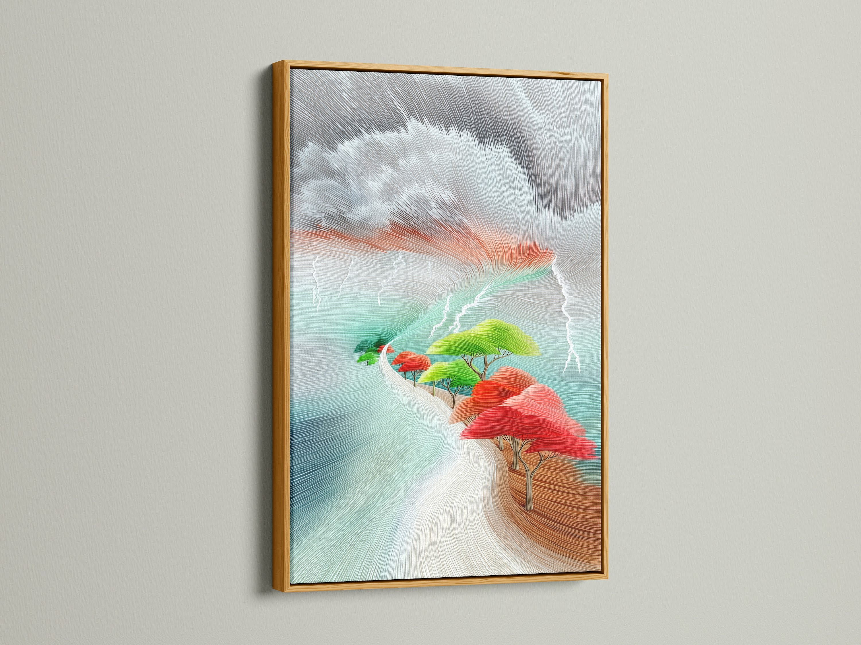 A gold frame highlights a stunning abstract landscape artwork print. The vibrant colors and modern nature scene are enhanced by the gold. This artwork is a luxurious addition to any room. Make a bold statement with this unique piece.