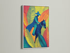 Tropical leaves artwork displayed in a white frame. The horse canvas art is a colorful addition to any space. This cowboy artwork brings a modern feel. A great horse lover gift.
