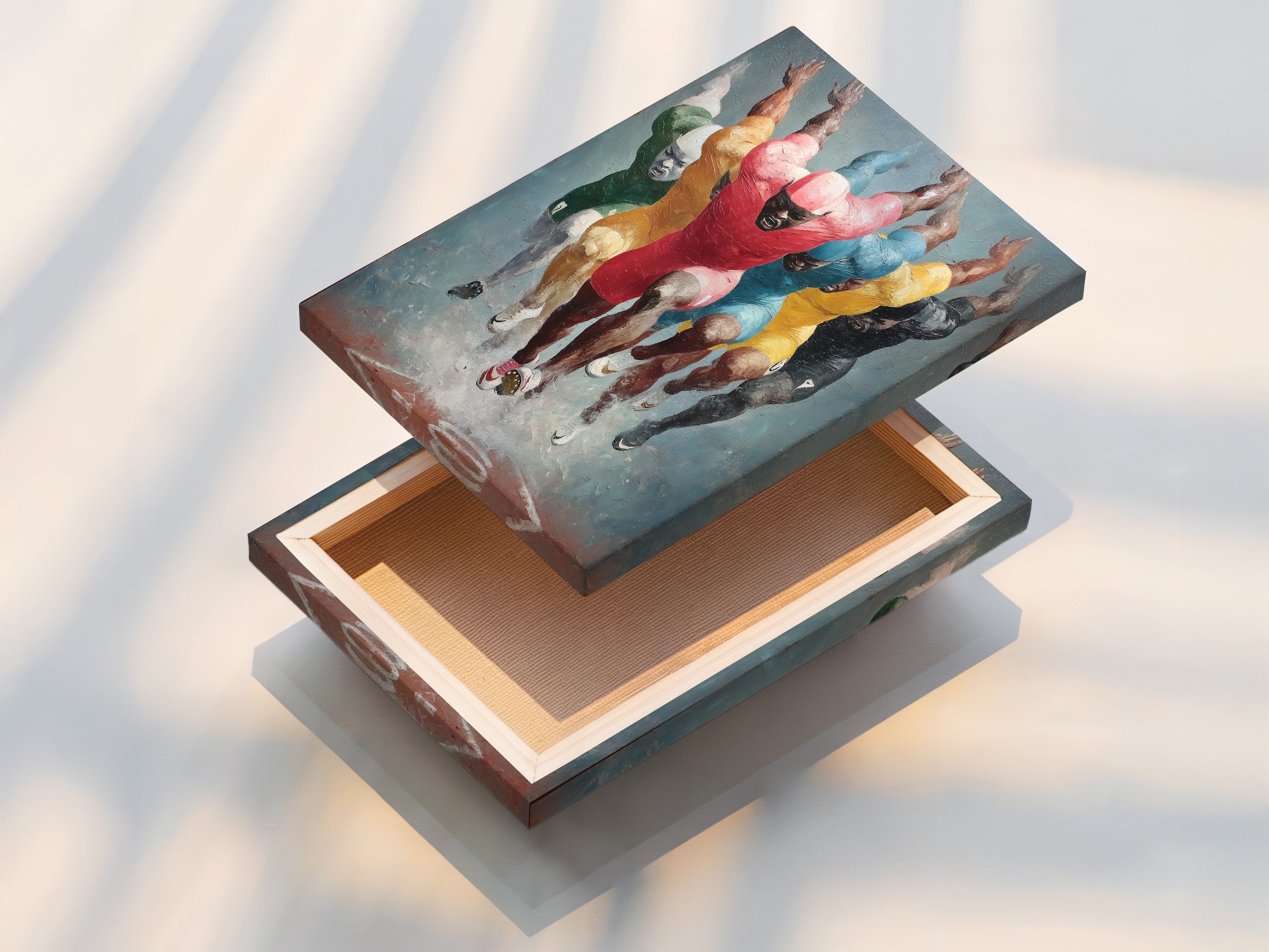 This is a stretched canvas print of the Marathon Runners artwork. The canvas print offers a gallery wrapped look. It's a ready to hang solution for modern spaces. Perfect for adding a burst of color to any room. The stretched canvas provides a professional and polished aesthetic.