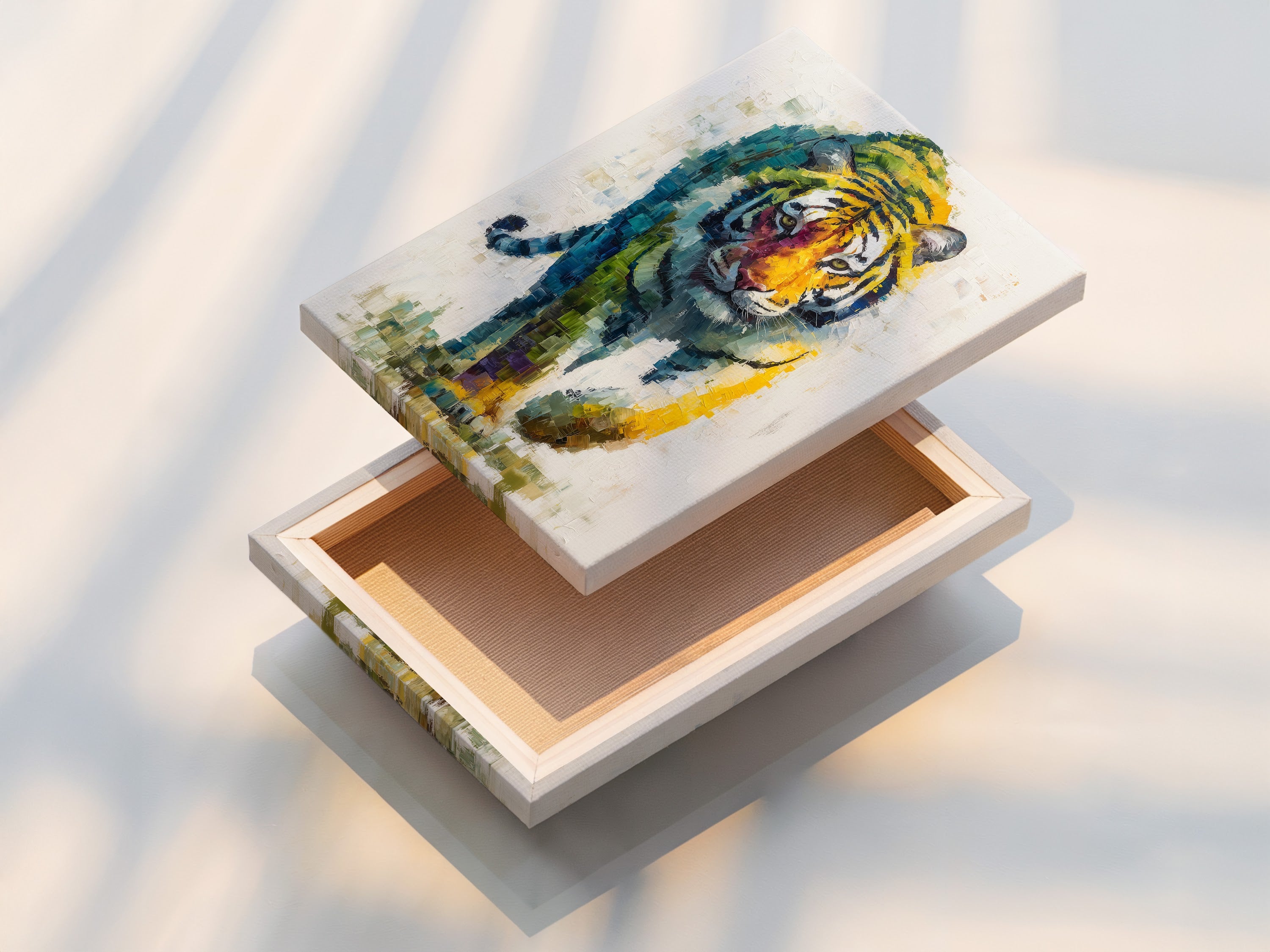 A stretched canvas print featuring colorful tiger wall art. This modern animal artwork is ready to hang. The vibrant colors bring life to any room. A big cat print for contemporary spaces.