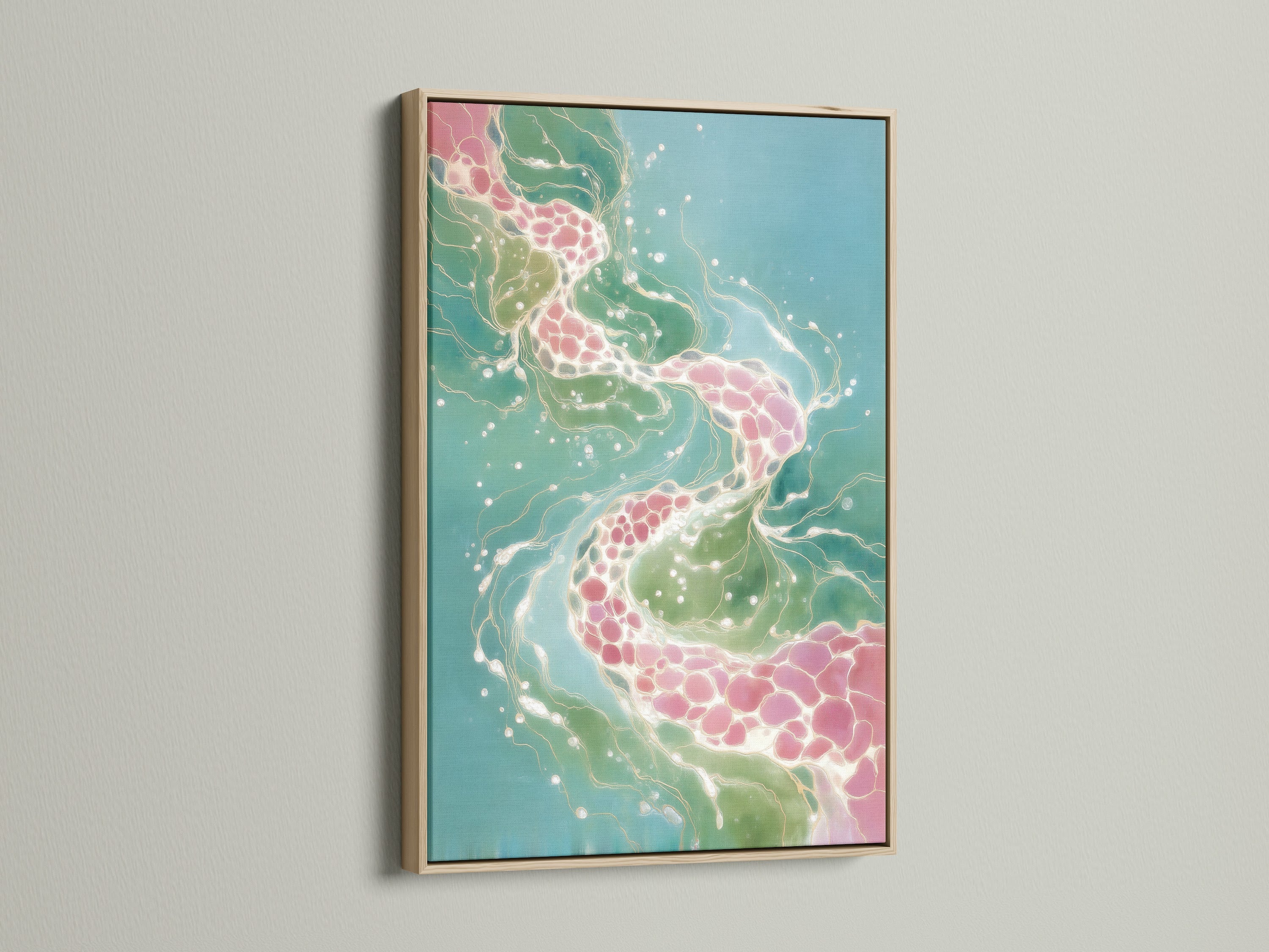 Abstract Fluid Art Print with an oak frame. This artwork showcases a teal and pink color palette. The organic flow print adds a modern touch. Ideal for enhancing living room or bedroom aesthetics.