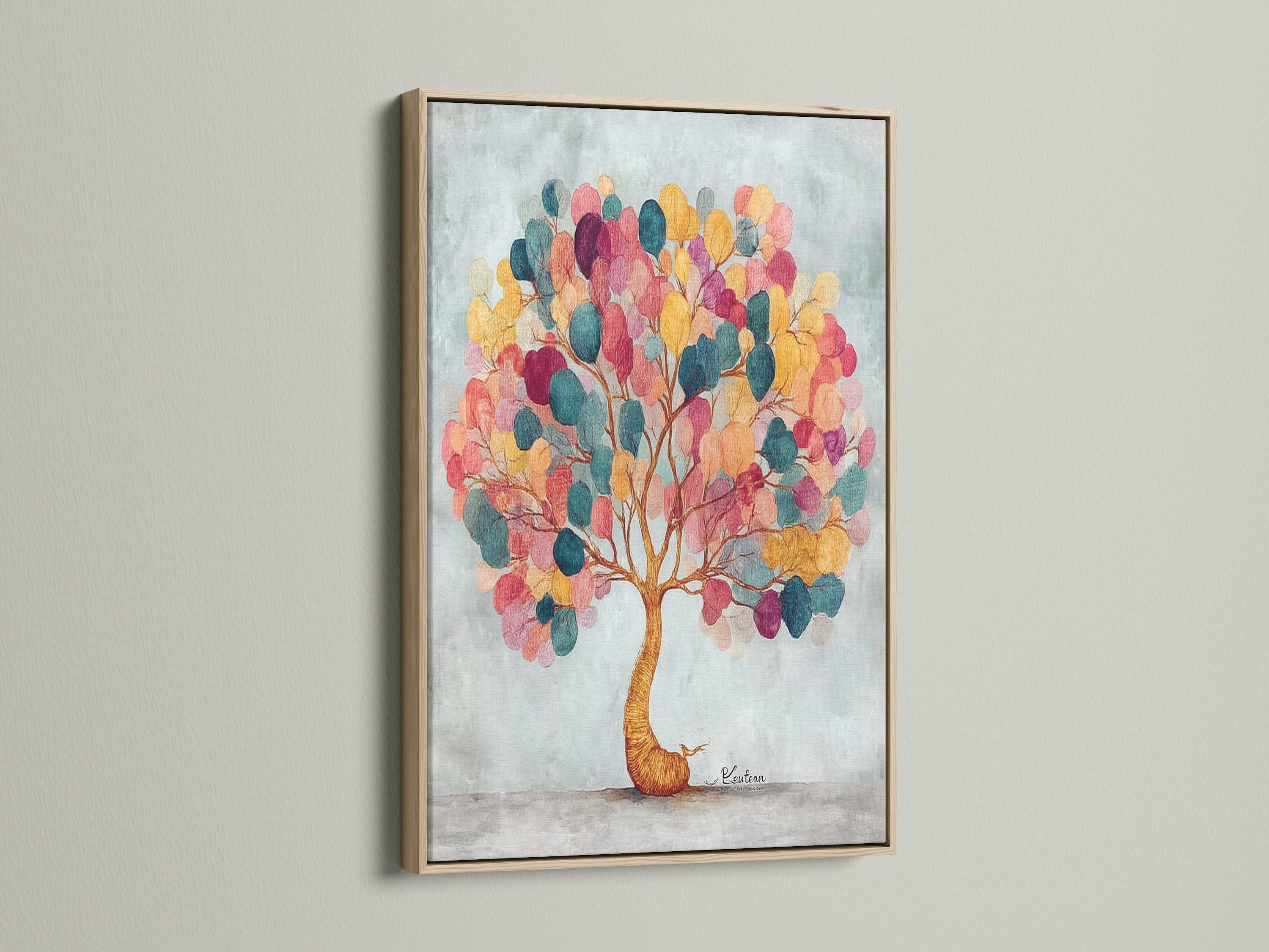 The colorful tree artwork is displayed in an oak frame. The frame enhances the modern tree art. The oak wood adds a touch of nature. The botanical print looks stunning. It will elevate your living room wall art.